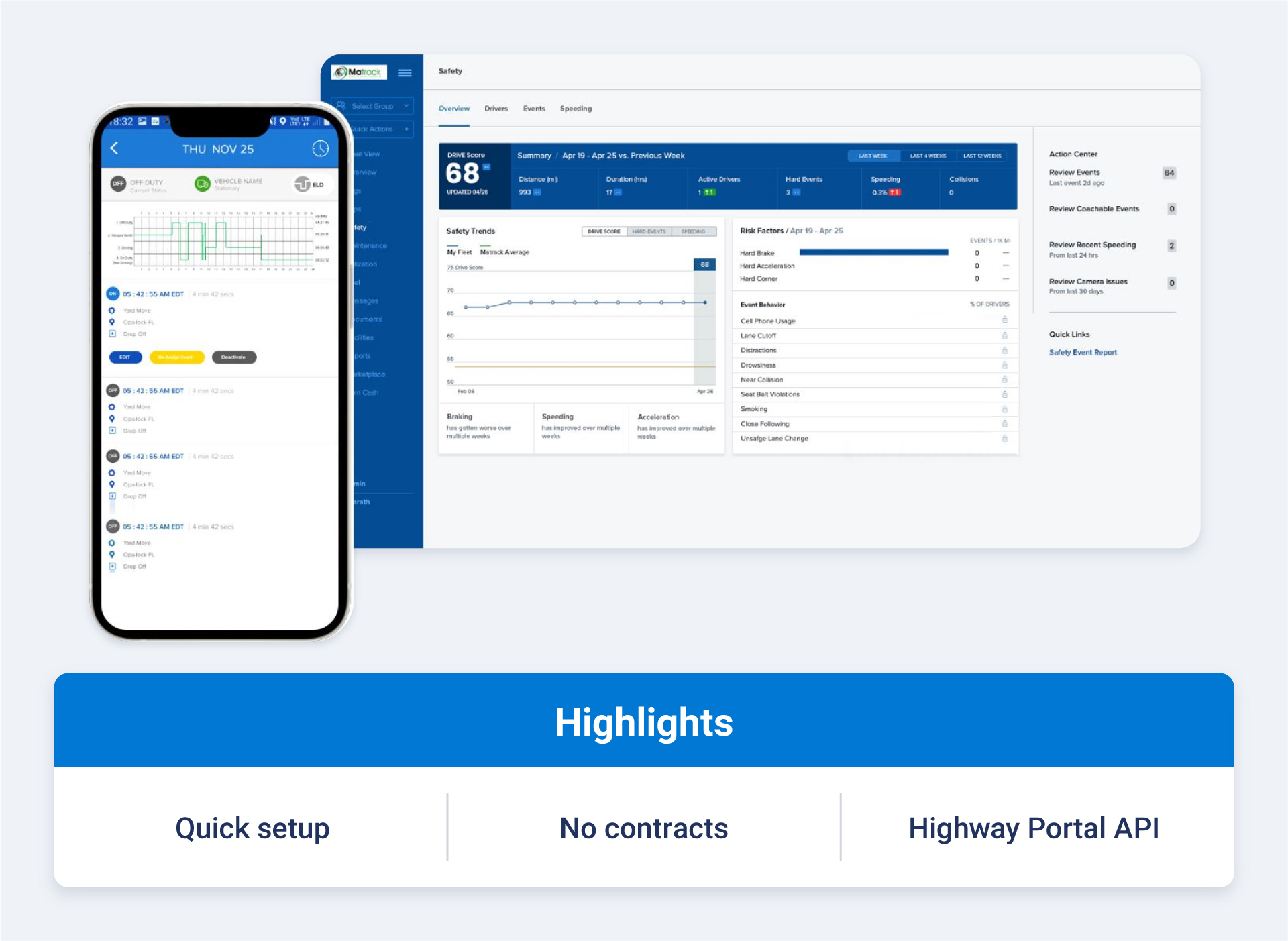 Matrack ELD dashboard and lightlights like quick setup, no contracts and highway portal API