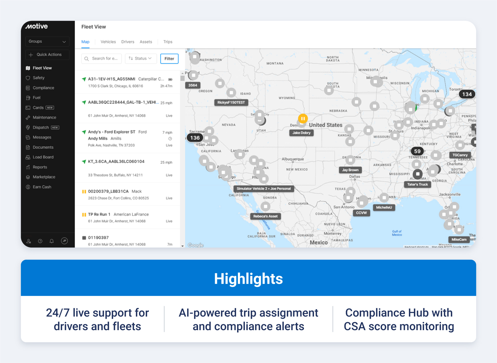 Motive ELD dashboard and highlights like 24/7 live support for drivers and fleets, AI-powered trip assignment and compliance alerts and compliance Hub with CSA score monitoring