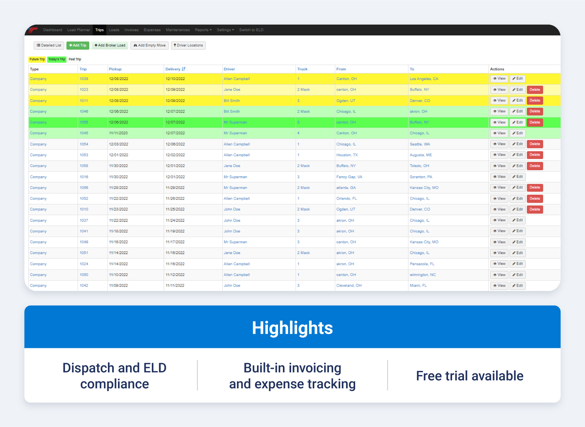 trucking office dashboard and highlights like dispatch and ELD compliance, built-in invoicing and expense tracking and free trial available