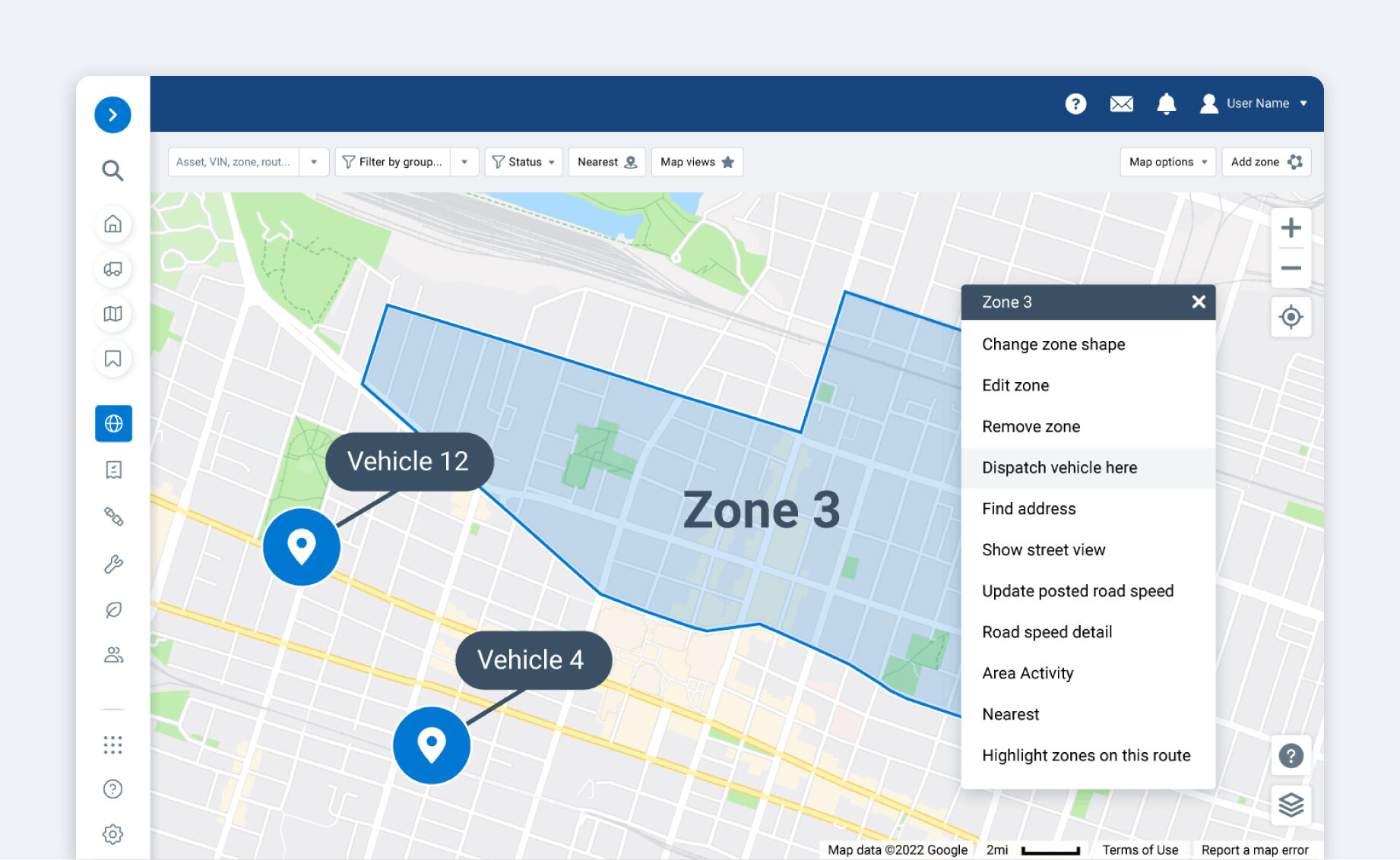 Illustrated fleet tracking map showing vehicle locations and a geofence alert