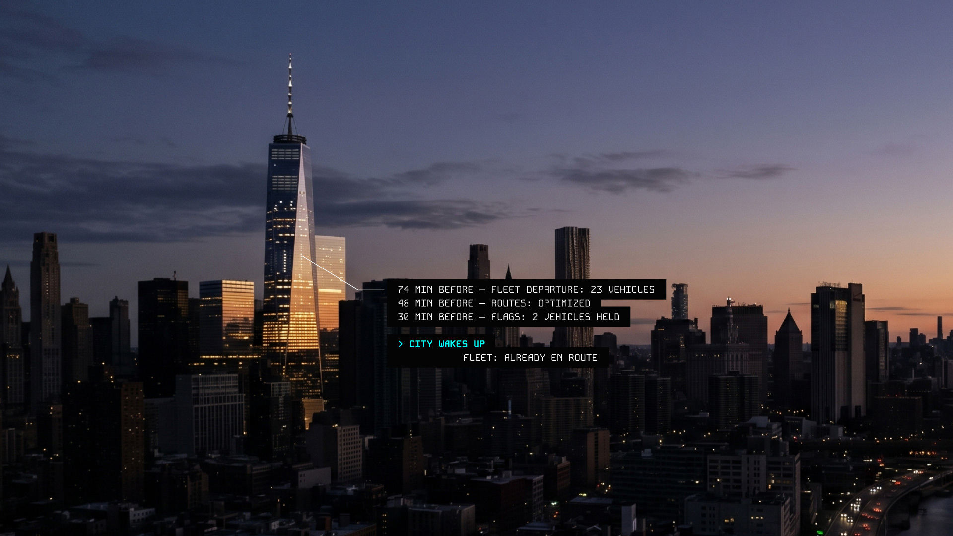 City skyline at dawn overlaid with fleet telemetry readouts showing vehicle departure, route optimization and flagged vehicles.