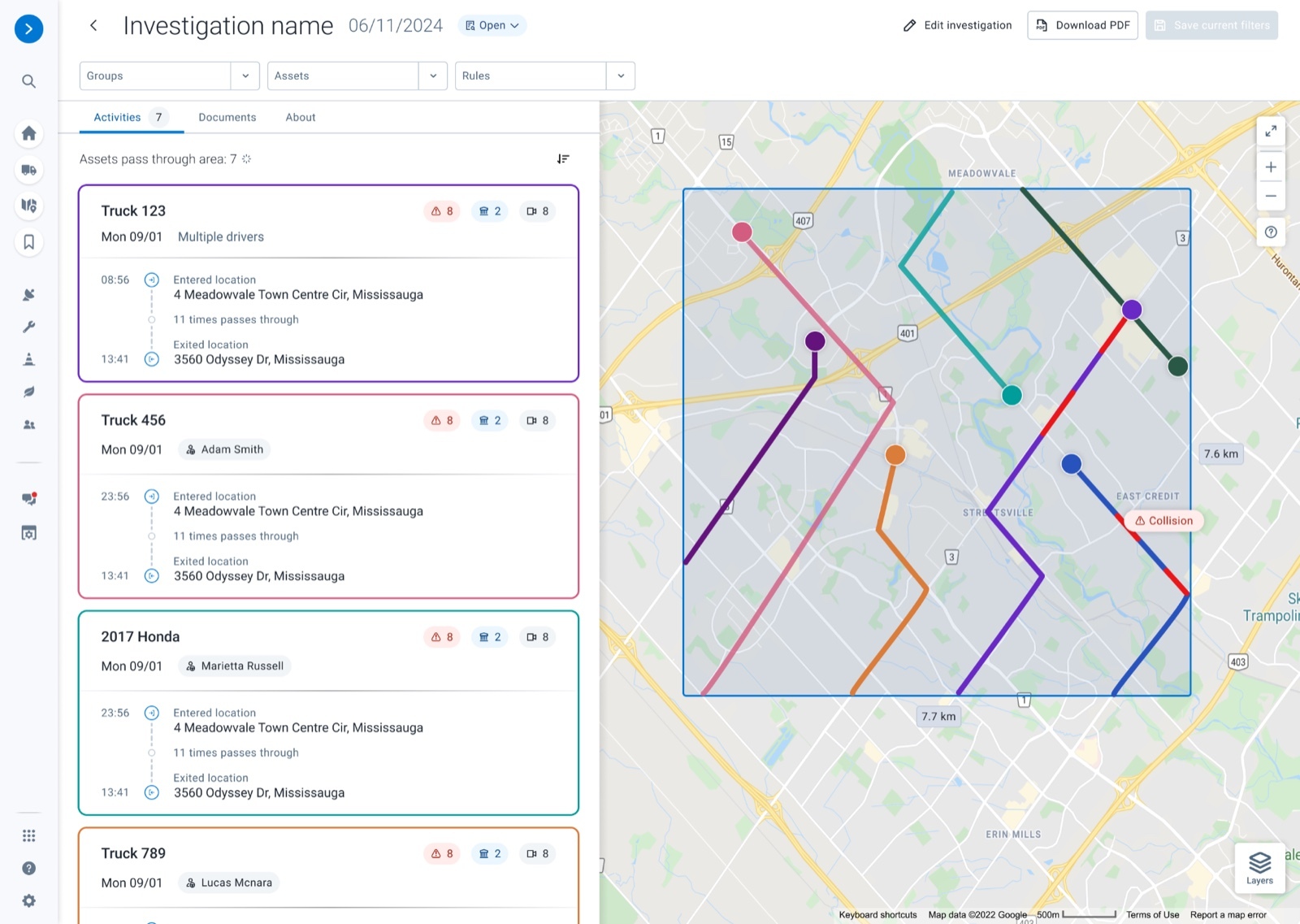 Geotab Investigations, which includes a list of vehicles that traveled through a specific area and what they were doing while there.