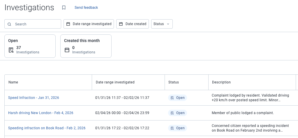 An example of a case files list with Geotab Investigations.