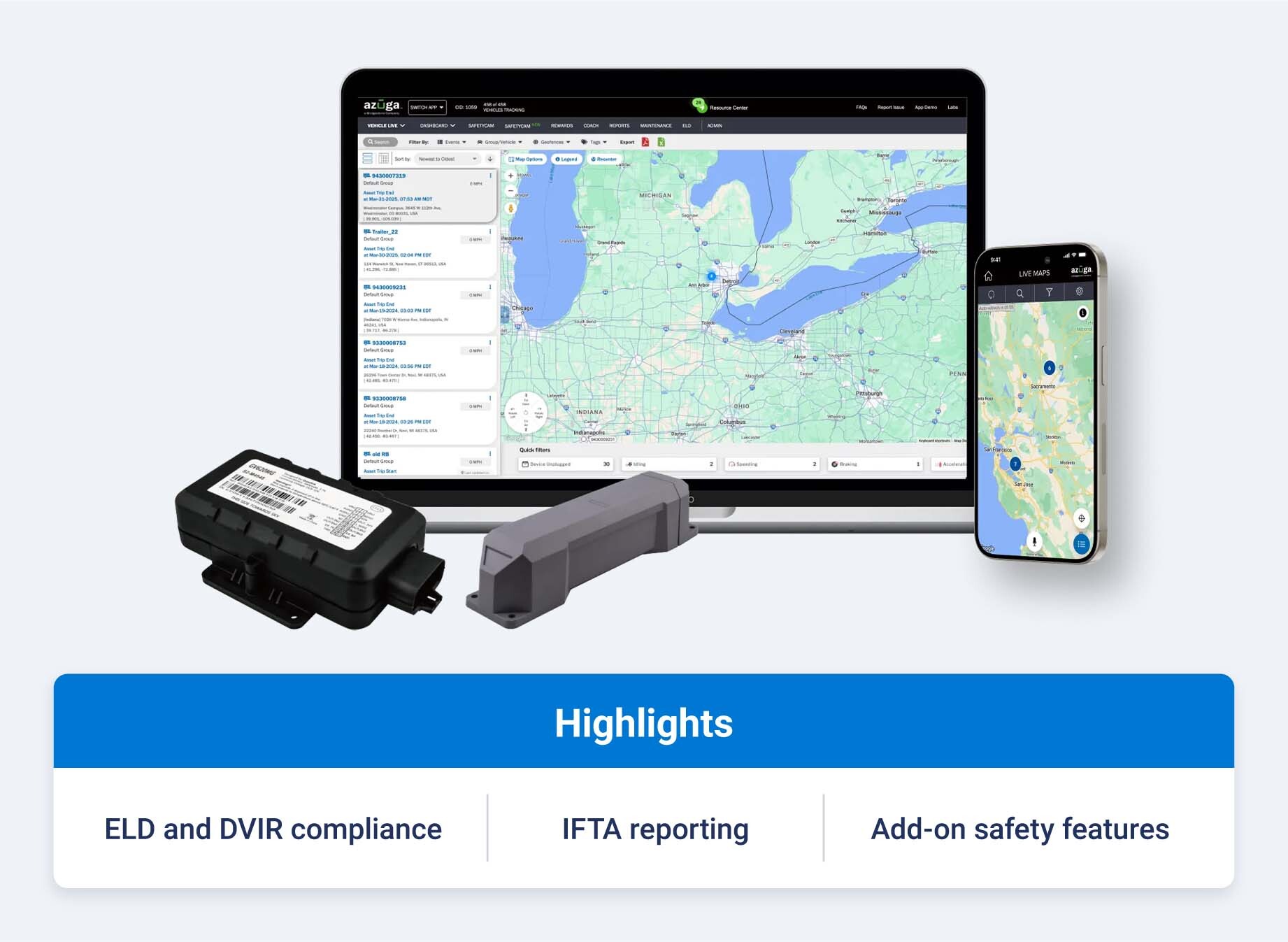 Azuga’s ELD product and highlight callouts like ELD and DVIR compliance, IFTA reporting and add-on safety features