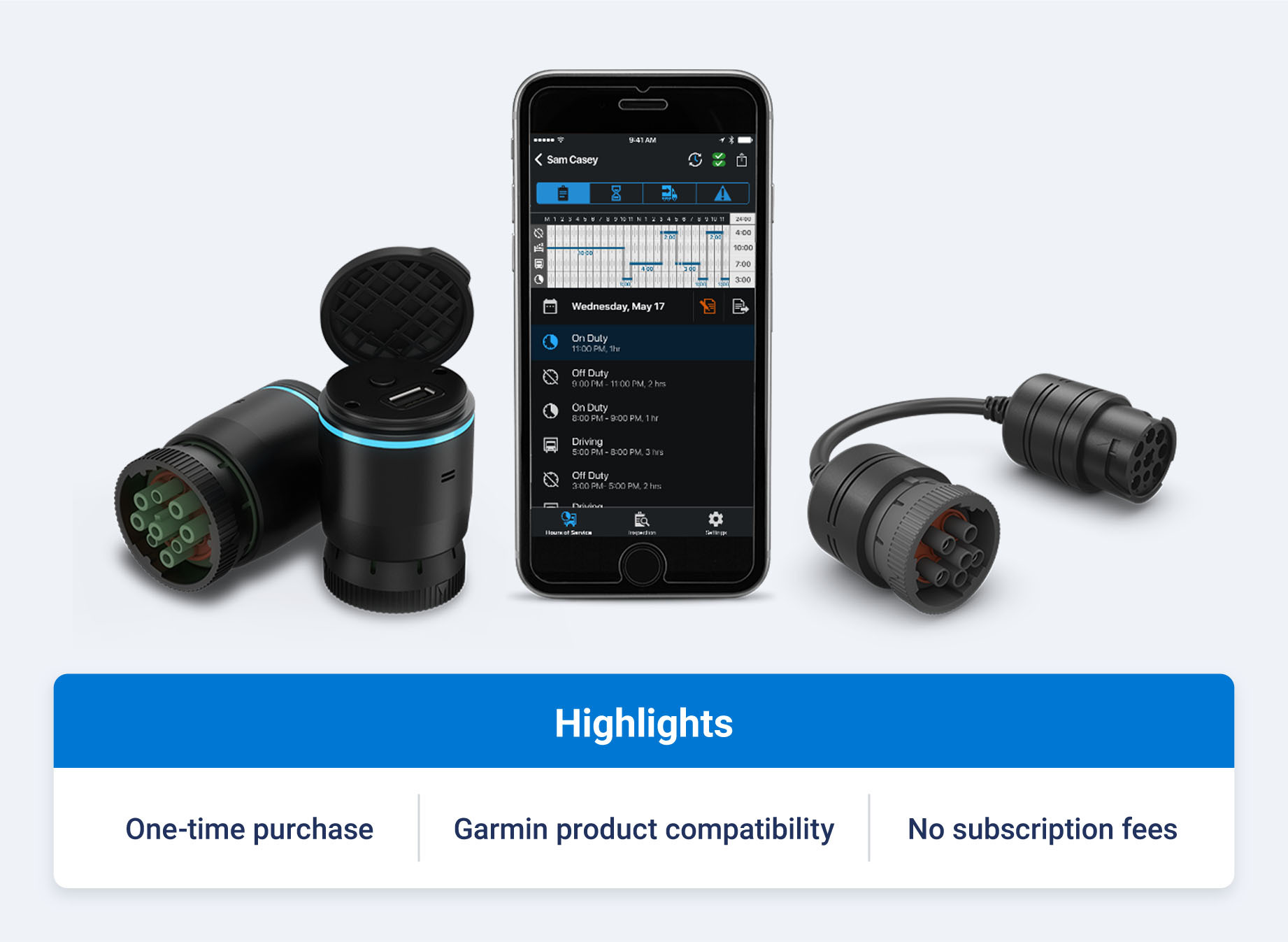 Garmin’s ELD product and highlights like one-time purchase, Garmin product compatibility and no subscription fees.