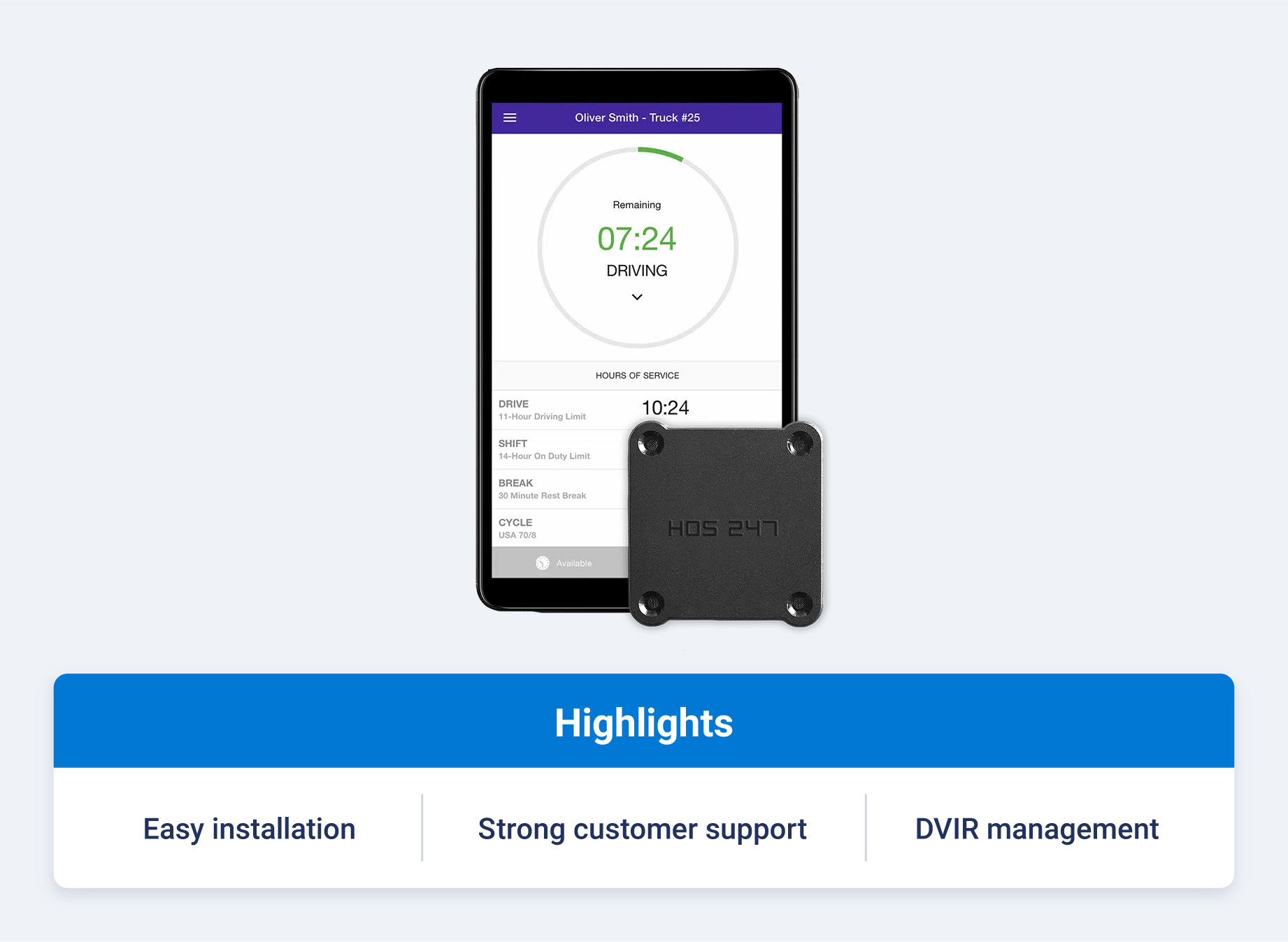 Top-rated support: Dedicated driver and fleet management support available 7 days a week. Quick setup: Easy installation with USB or Bluetooth connectivity. Log and DVIR management: Edit logs and complete inspections digitally. Real-time insights: GPS tracking, vehicle diagnostics and IFTA mileage reporting.