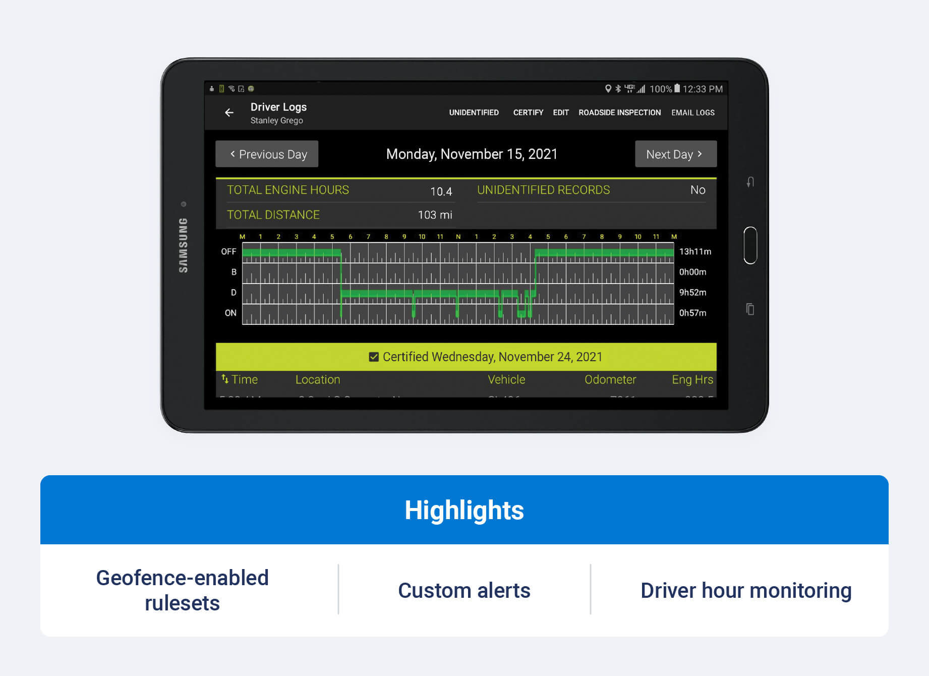 EROAD ELD and highlight callouts like geofence-enabled rulesets, custom alerts and driver hour monitoring
