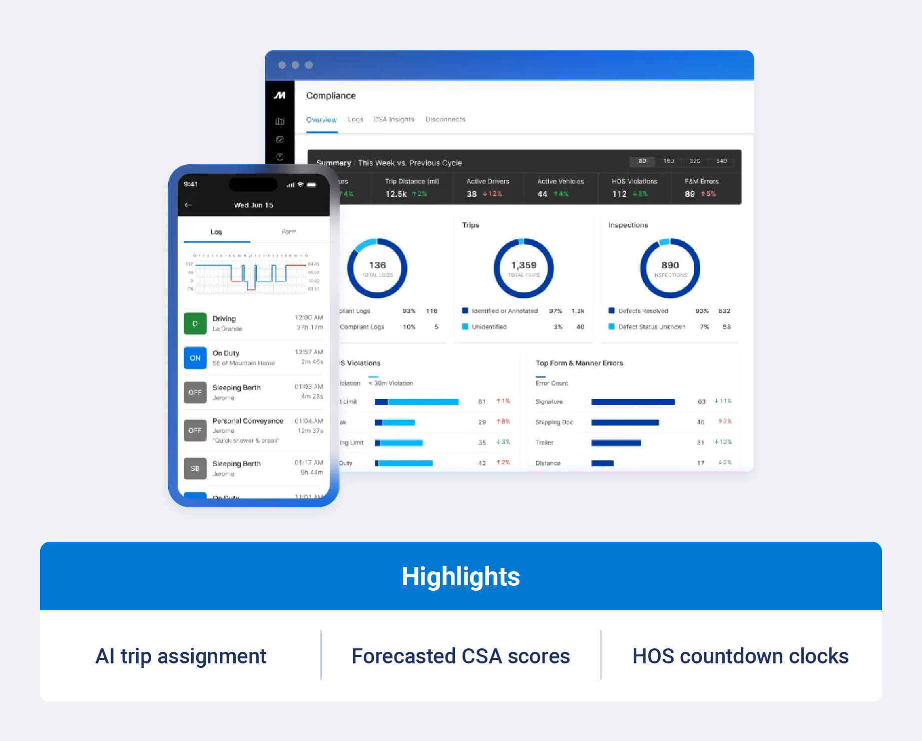 Motive ELD and highlight callouts like AI trip assignment, forecasted CSA scores and HOS countdown clocks