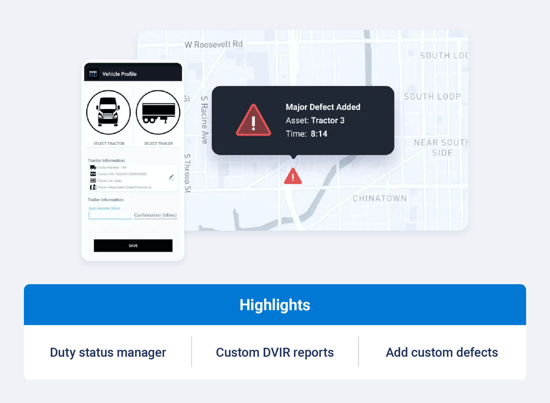 Rand McNally ELD and highlight callouts like duty status manager, custom DVIR reports and add custom defects