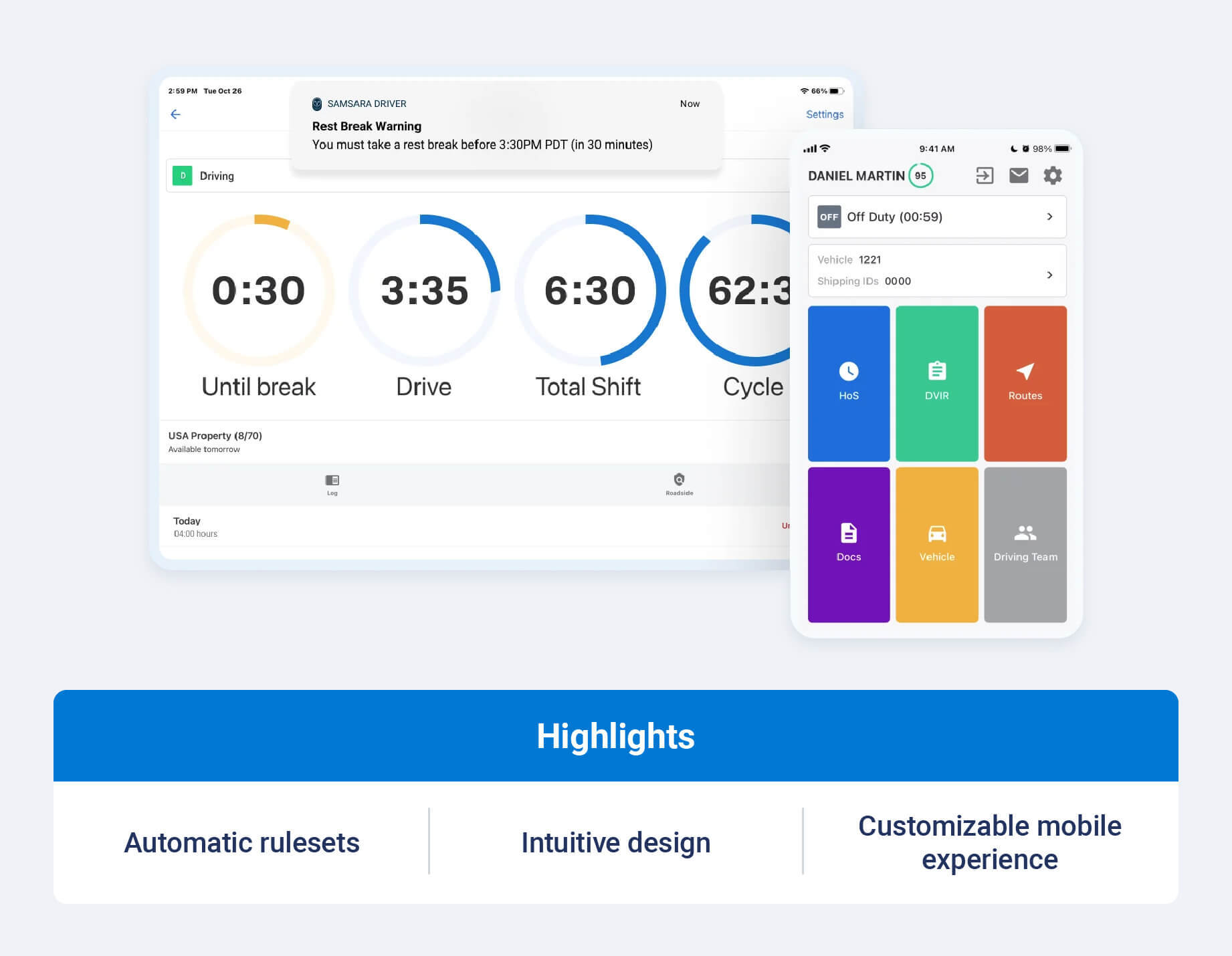 Samsara ELD and highlight callouts like automatic rulesets, intuitive design and customizable mobile experience