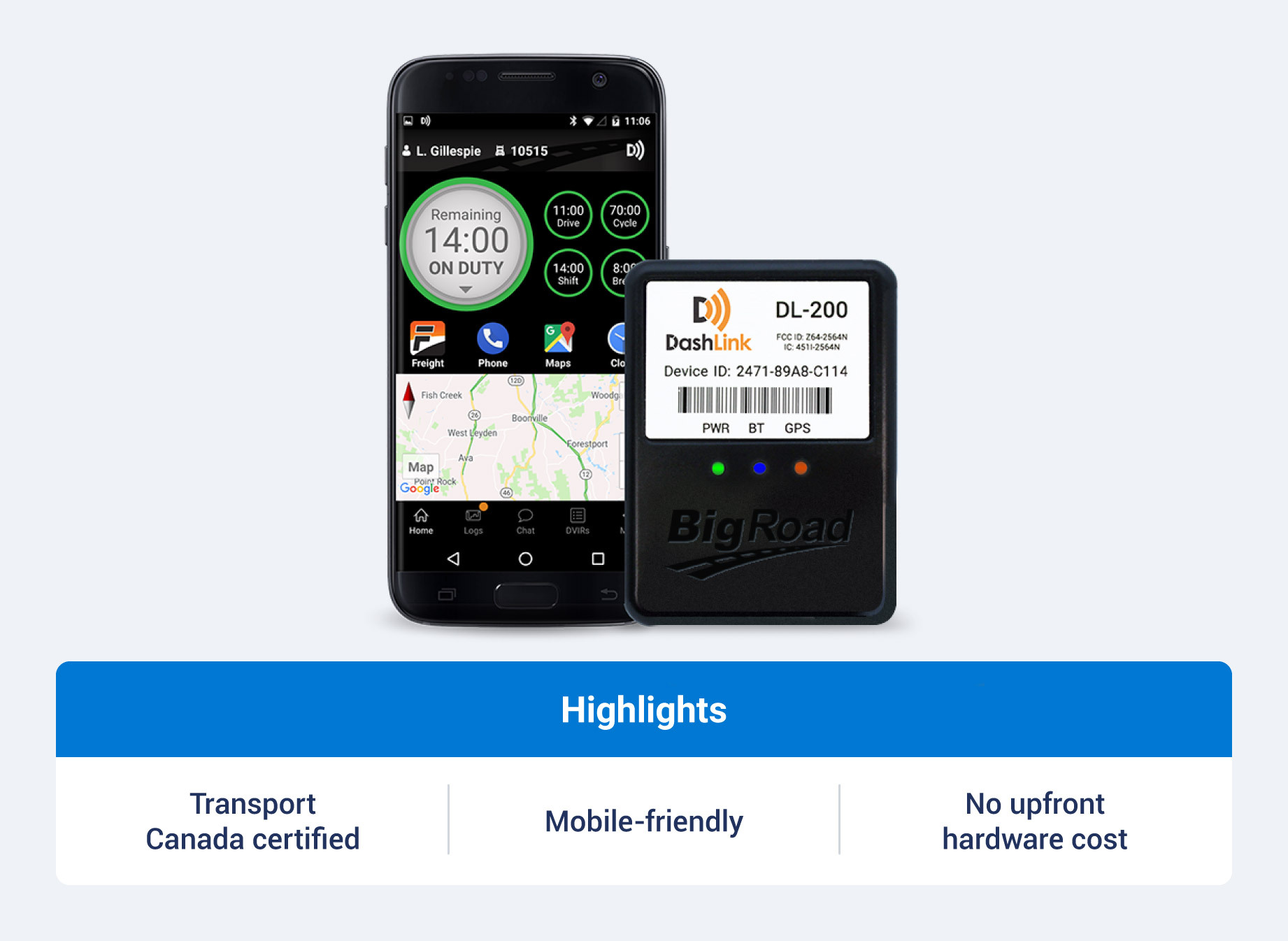 BigRoad DashLink ELD product and highlight callouts like Transport Canada certified, no upfront hardware cost and mobile-friendly