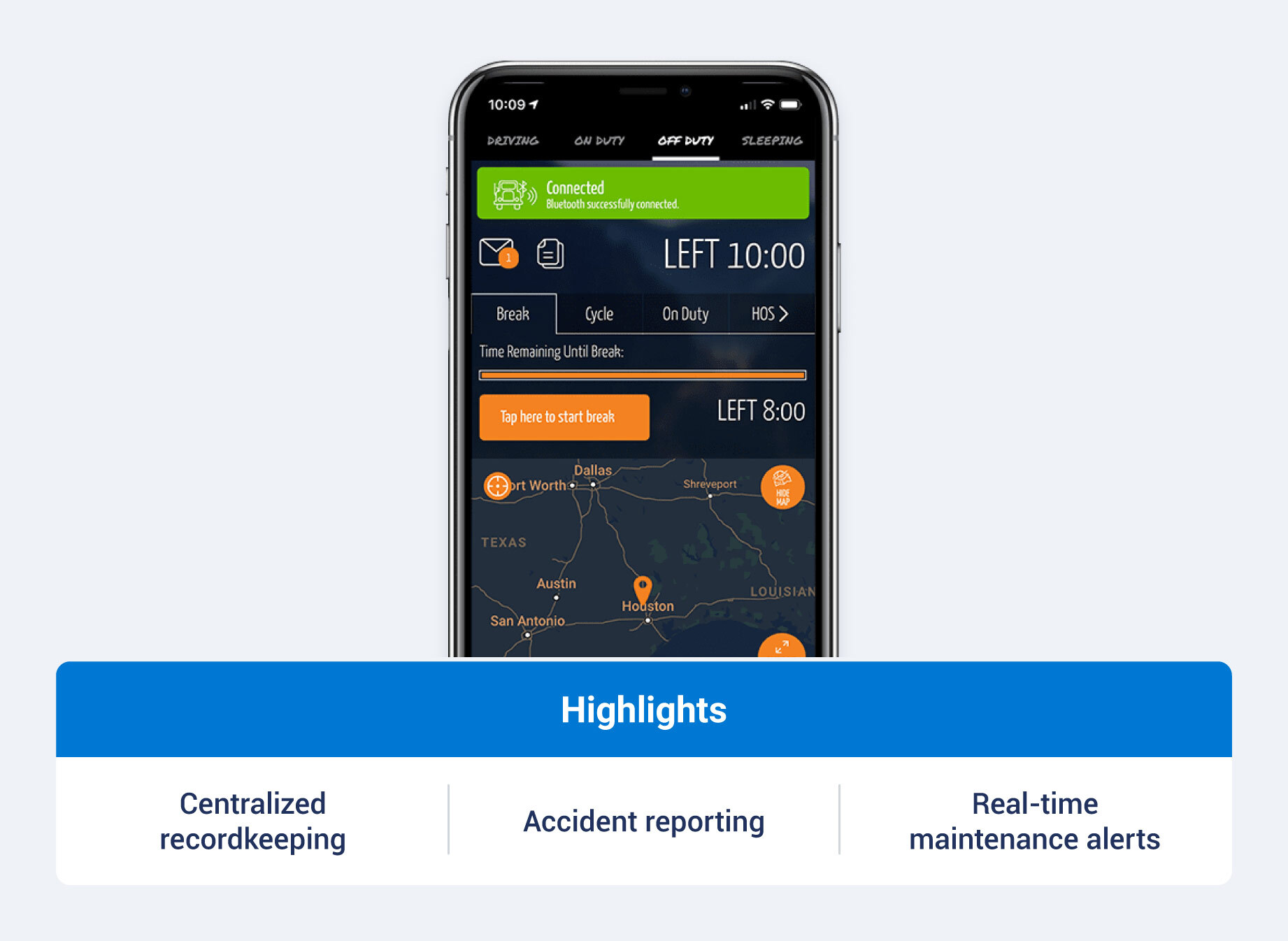 Gorilla Safety ELD product and highlights like centralized recordkeeping, real-time maintenance alerts, accident reporting