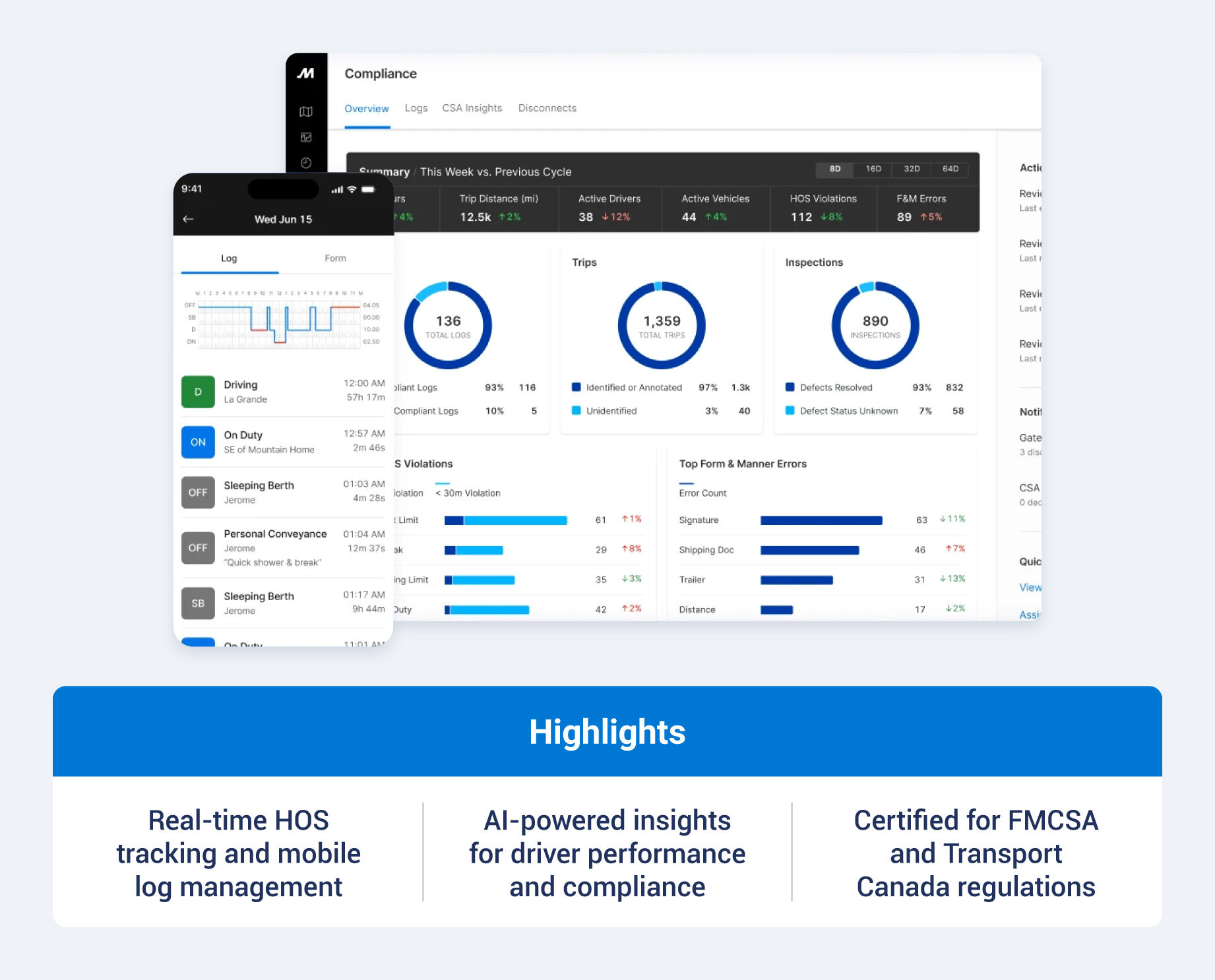 Motive ELD product and highlights like real-time HOS tracking and mobile log management