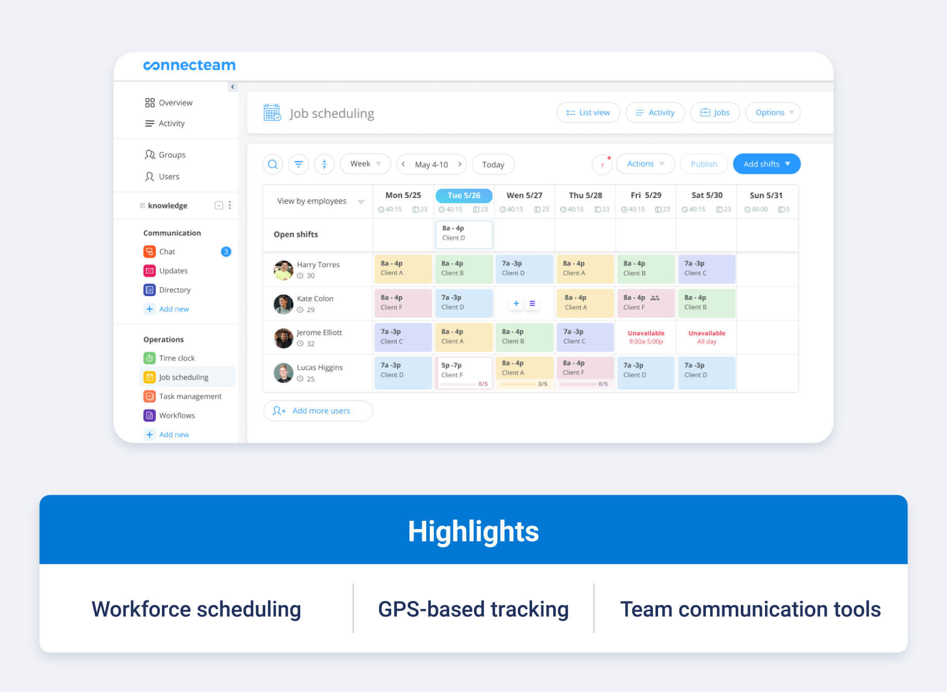 Connecteam truck dispatch management software showing driver scheduling, GPS-based time tracking and in-app team communication.