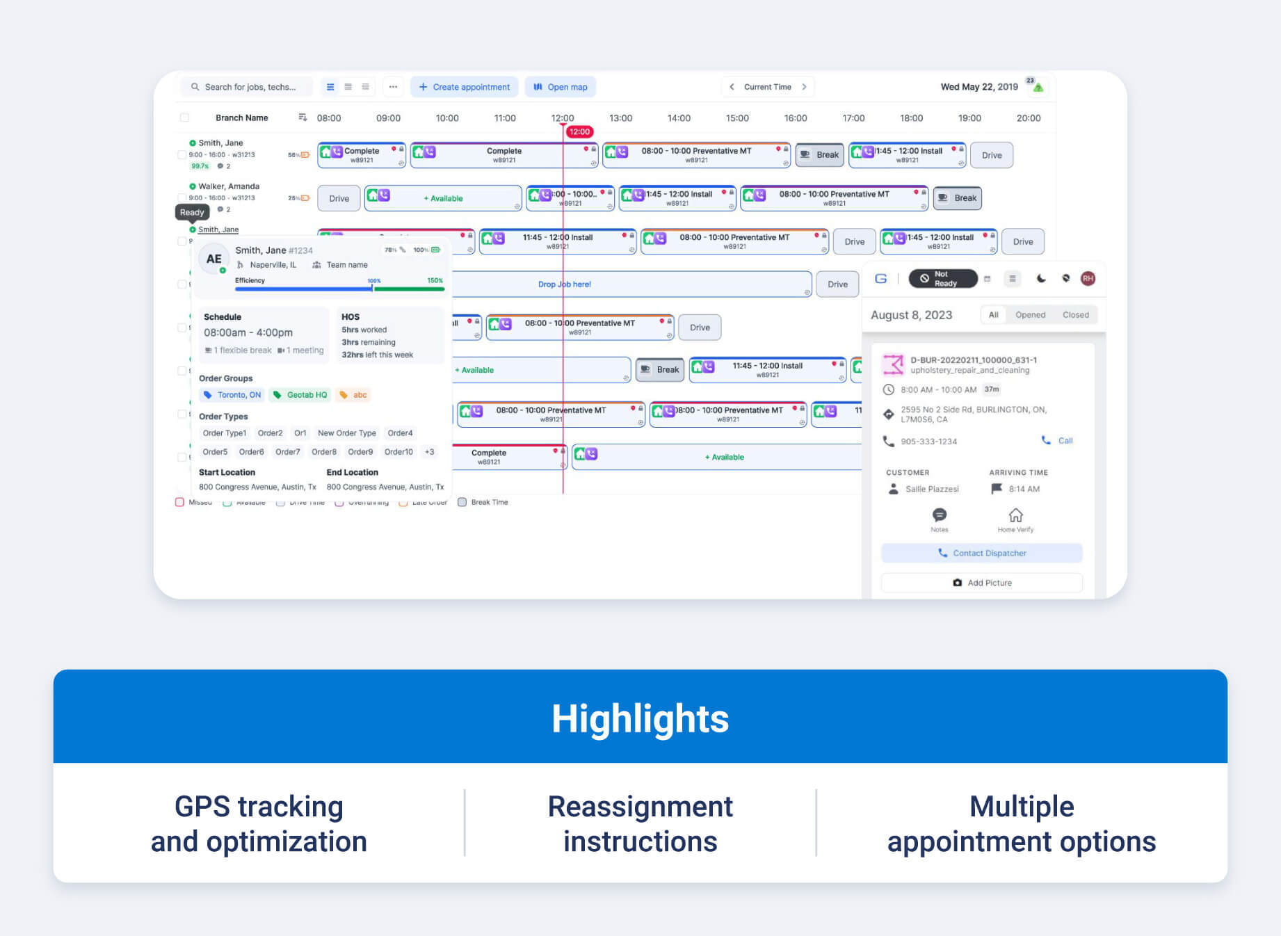 Geotab fleet dispatch software showing GPS tracking, reassignment instructions and multiple appointment options in MyGeotab.