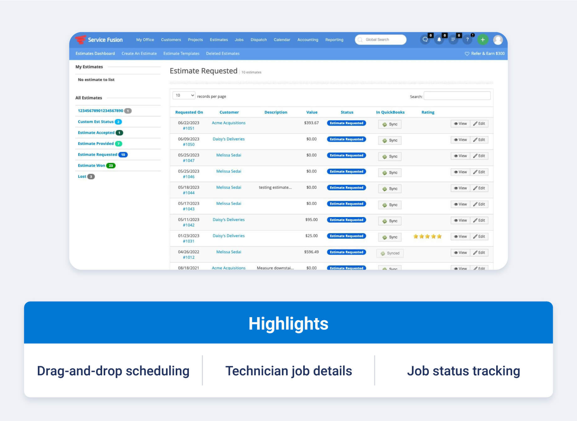 Service Fusion dispatch software with highlights like drag-and-drop job scheduling, technician job details and job status tracking.