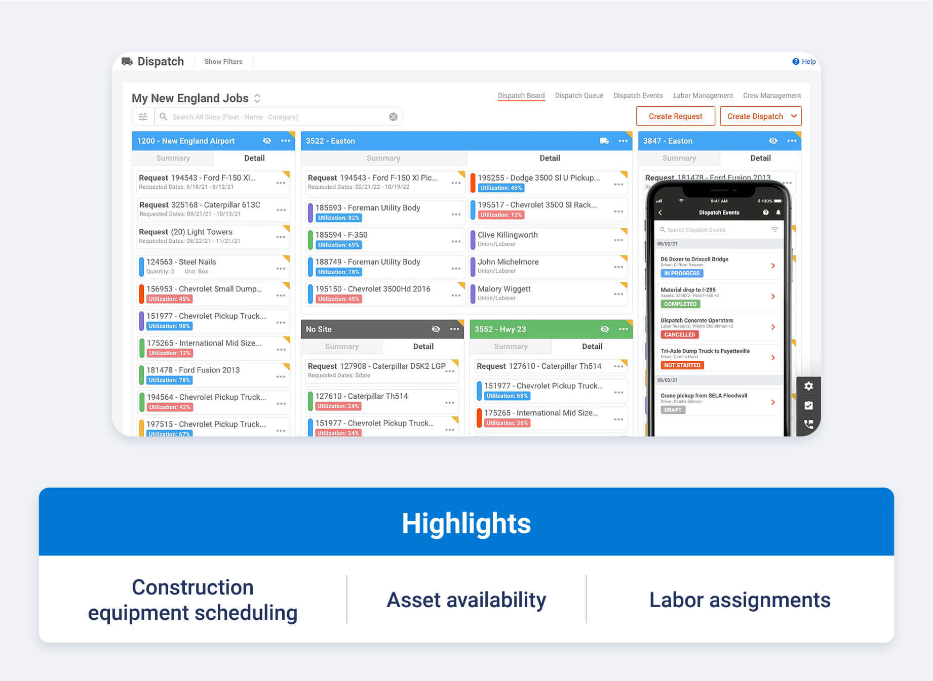Tenna fleet manager dispatch software showing construction equipment scheduling, labor assignments and jobsite dispatch visibility.