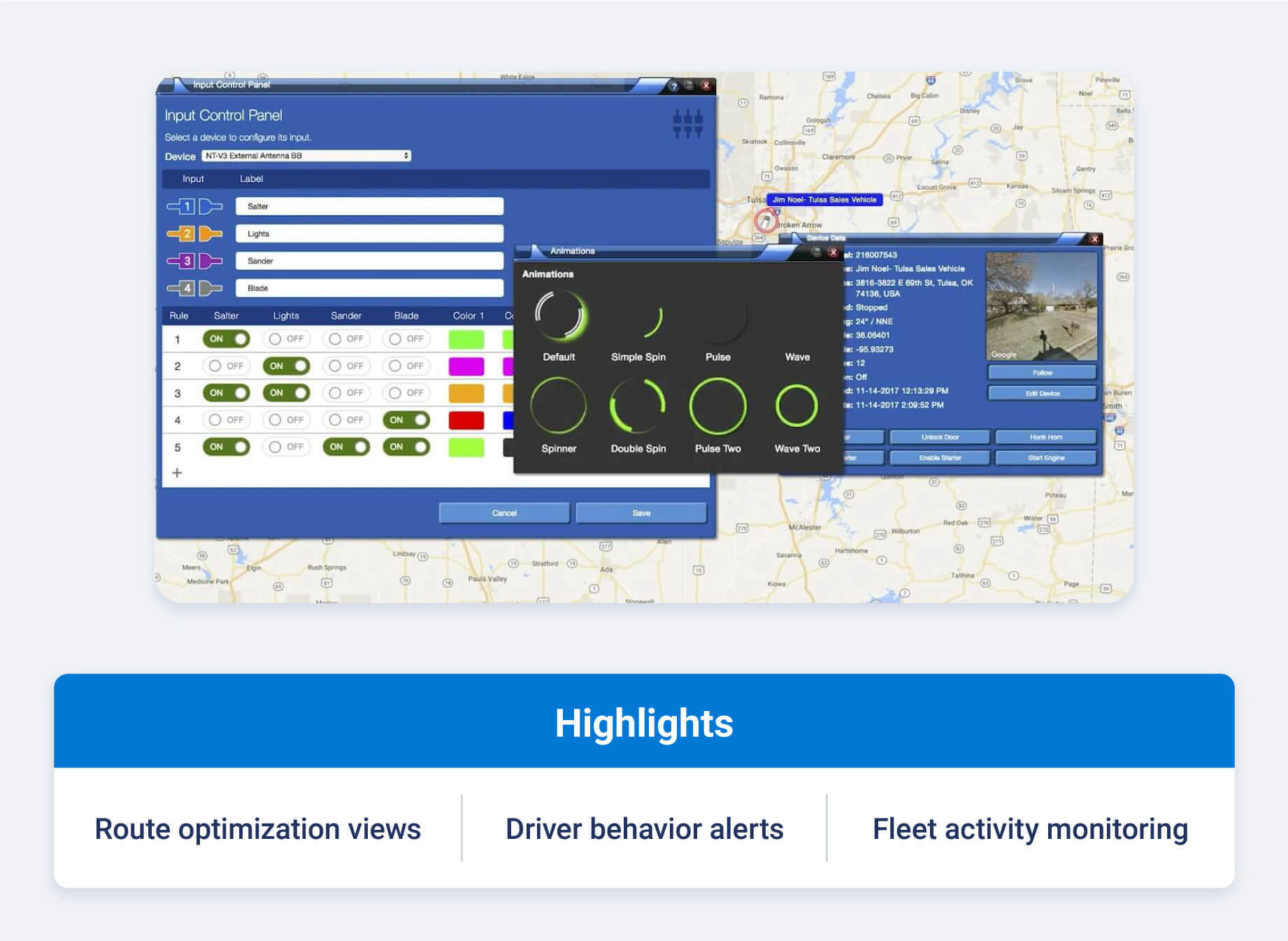 US Fleet Tracking fleet dispatch software showing route optimization views, driver behavior alerts and fleet activity monitoring.