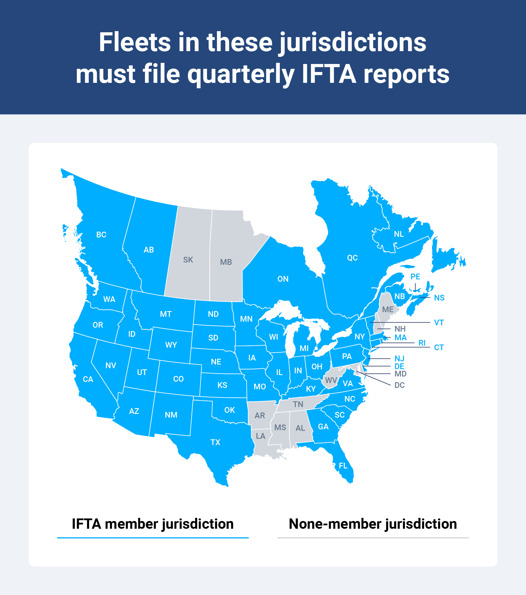 Map of the United States and Canada highlighting IFTA member jurisdictions.