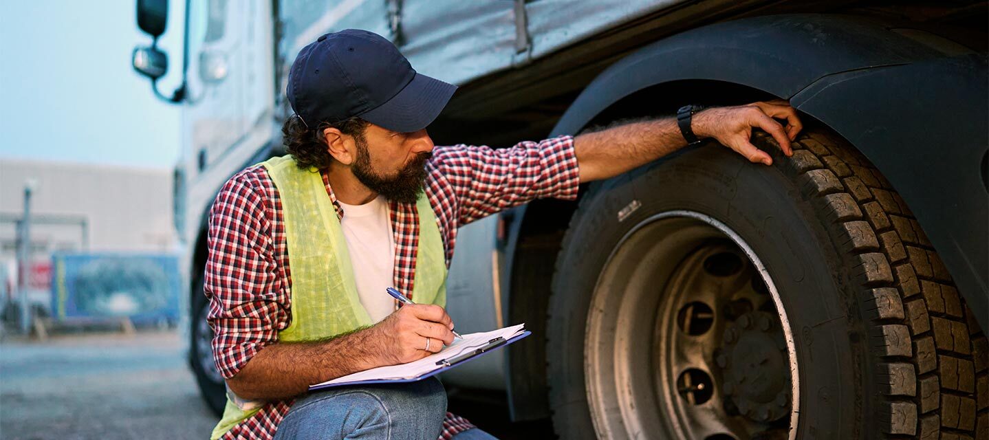 A tire gauge being inserted into a tire.