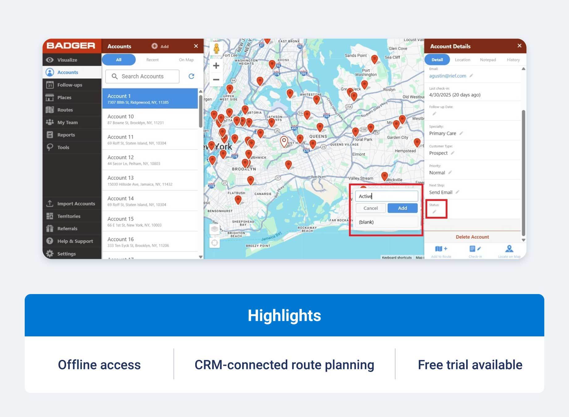 Badger Maps routing software and highlights.