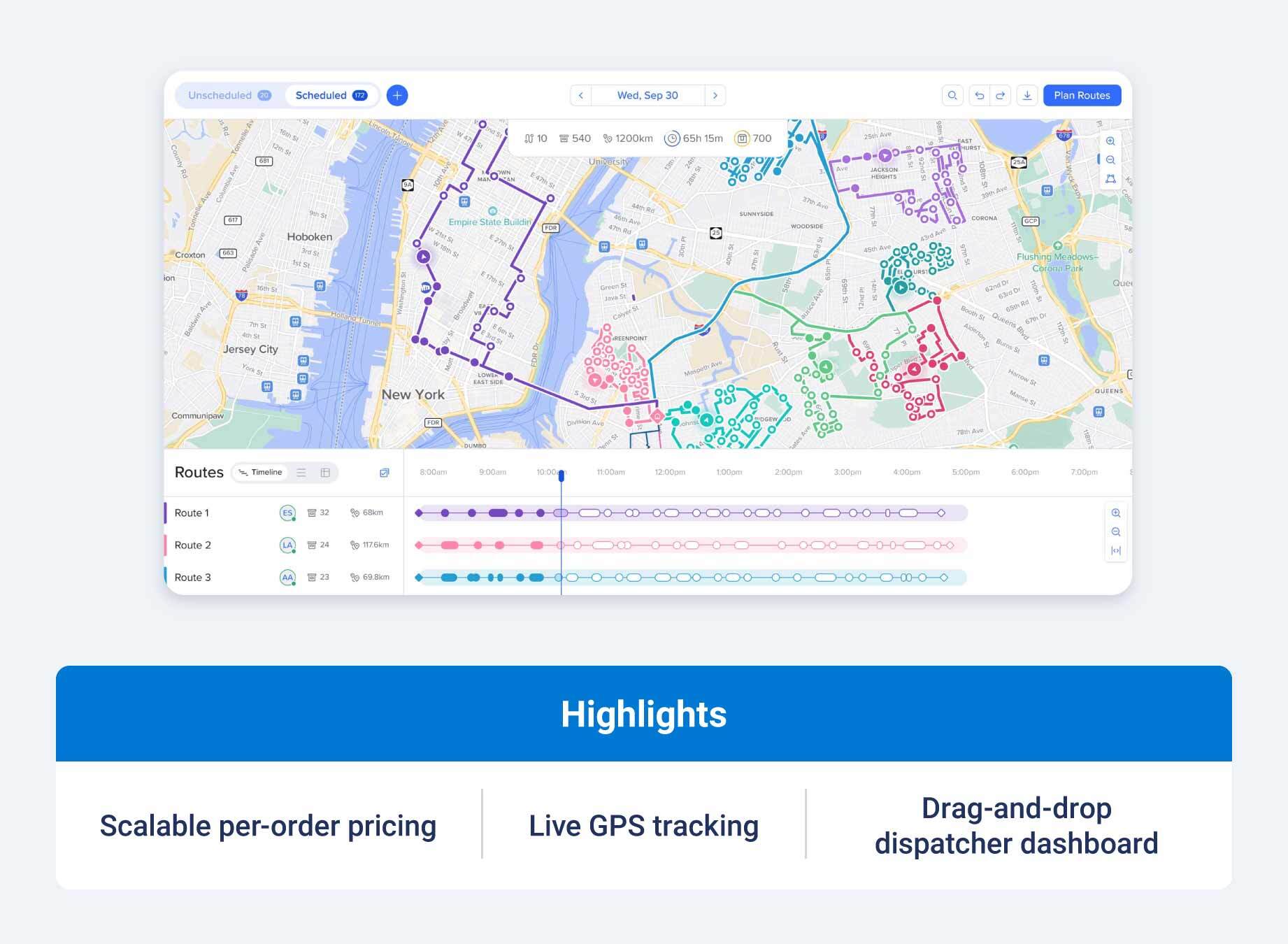 Routific routing software with highlight callouts.