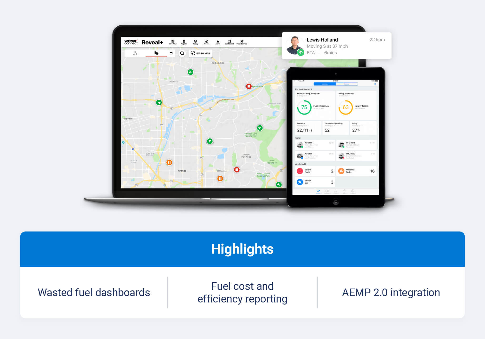 Verizon Connect dashboard and highlight callouts like wasted fuel dashboards, fuel cost and efficiency reporting and AEMP 2.0 integration