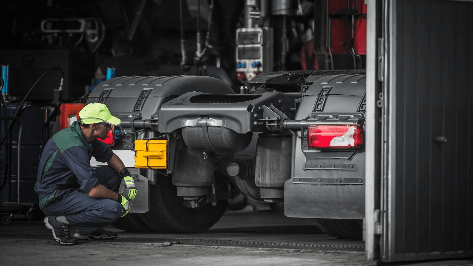 A mechanic in high-visibility gear crouches while inspecting the undercarriage of a truck in a workshop garage
