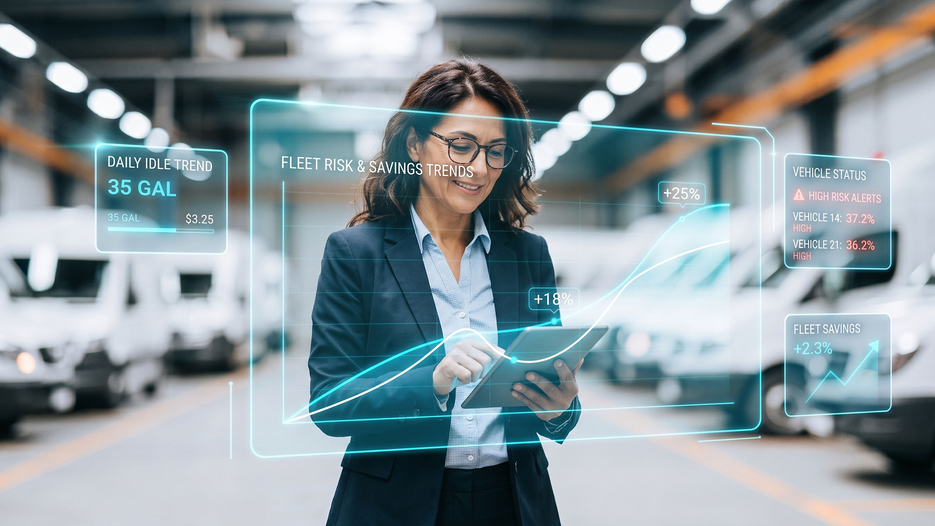 A fleet manager reviews vehicle trends and savings data on a tablet in a warehouse.