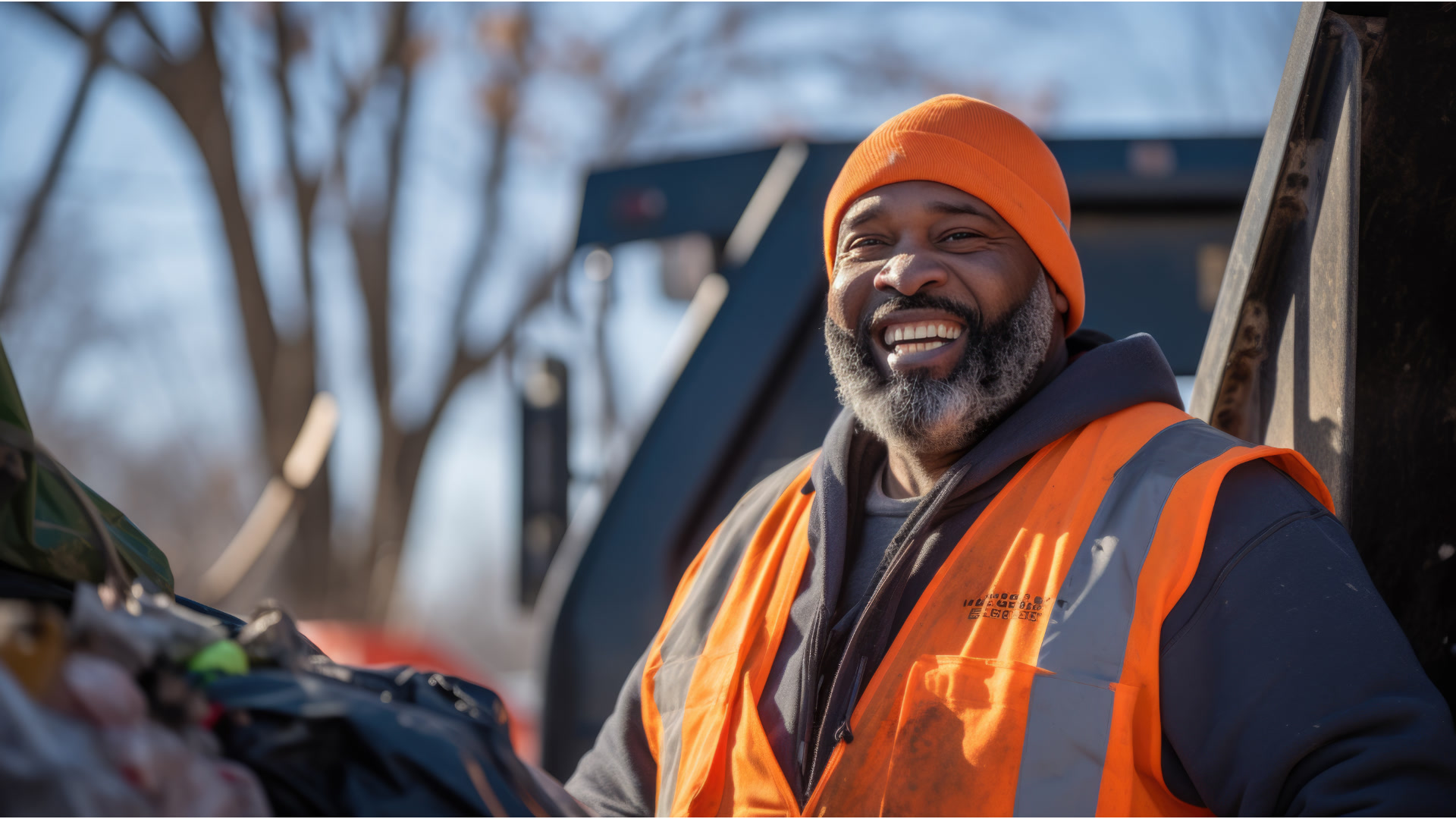 Smiling sanitation worker in a high-visibility vest beside a waste collection truck