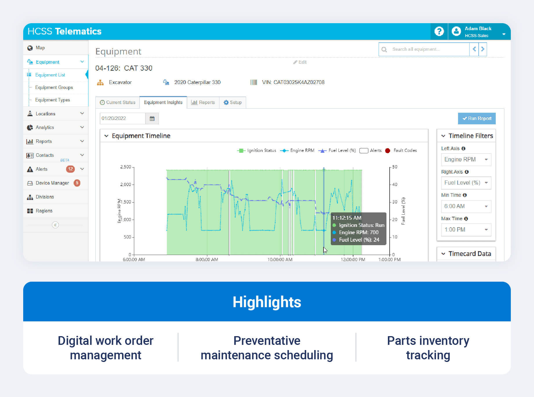 HCSS Equipment360 dashboard highlighting preventive maintenance scheduling, digital work order management and parts inventory tracking.