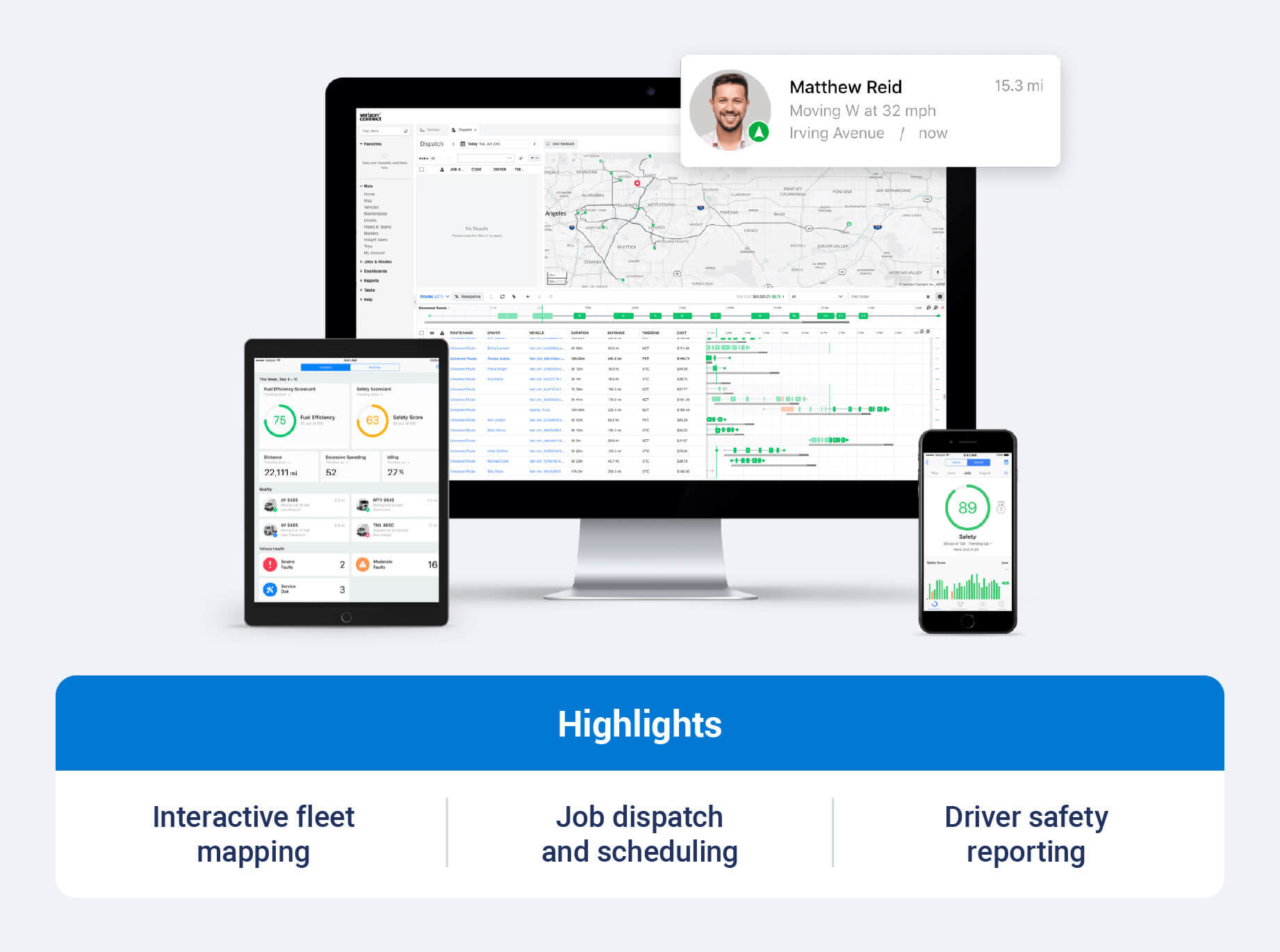 Verizon Connect construction fleet platform highlighting interactive fleet mapping, driver safety reporting and job dispatch scheduling.