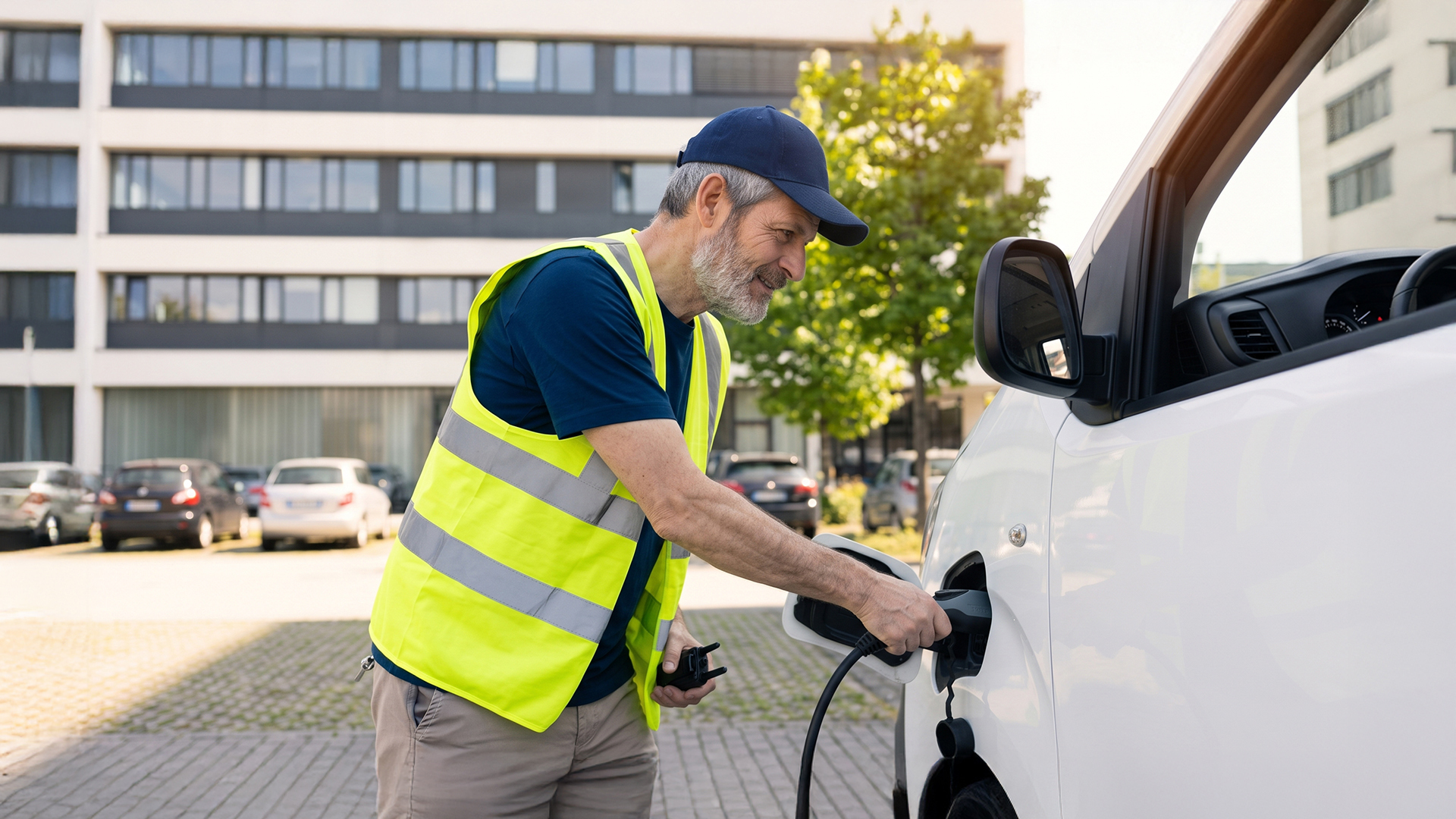 Truck driver plugging a charging cable into an electric truck