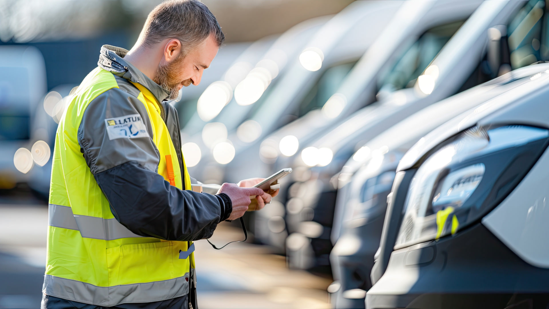 Field service technician in a hi-vis vest checking a tablet beside a row of fleet vans
