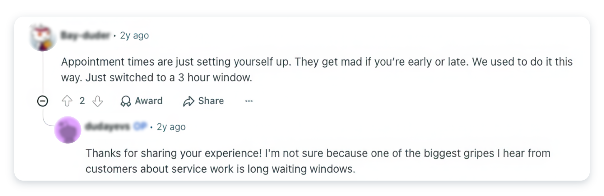 A screenshot of a post in the r/HVAC subreddit discussing appointment windows, with one technician advocating three-hour windows and the original poster noting that long waiting windows are a common customer complaint.