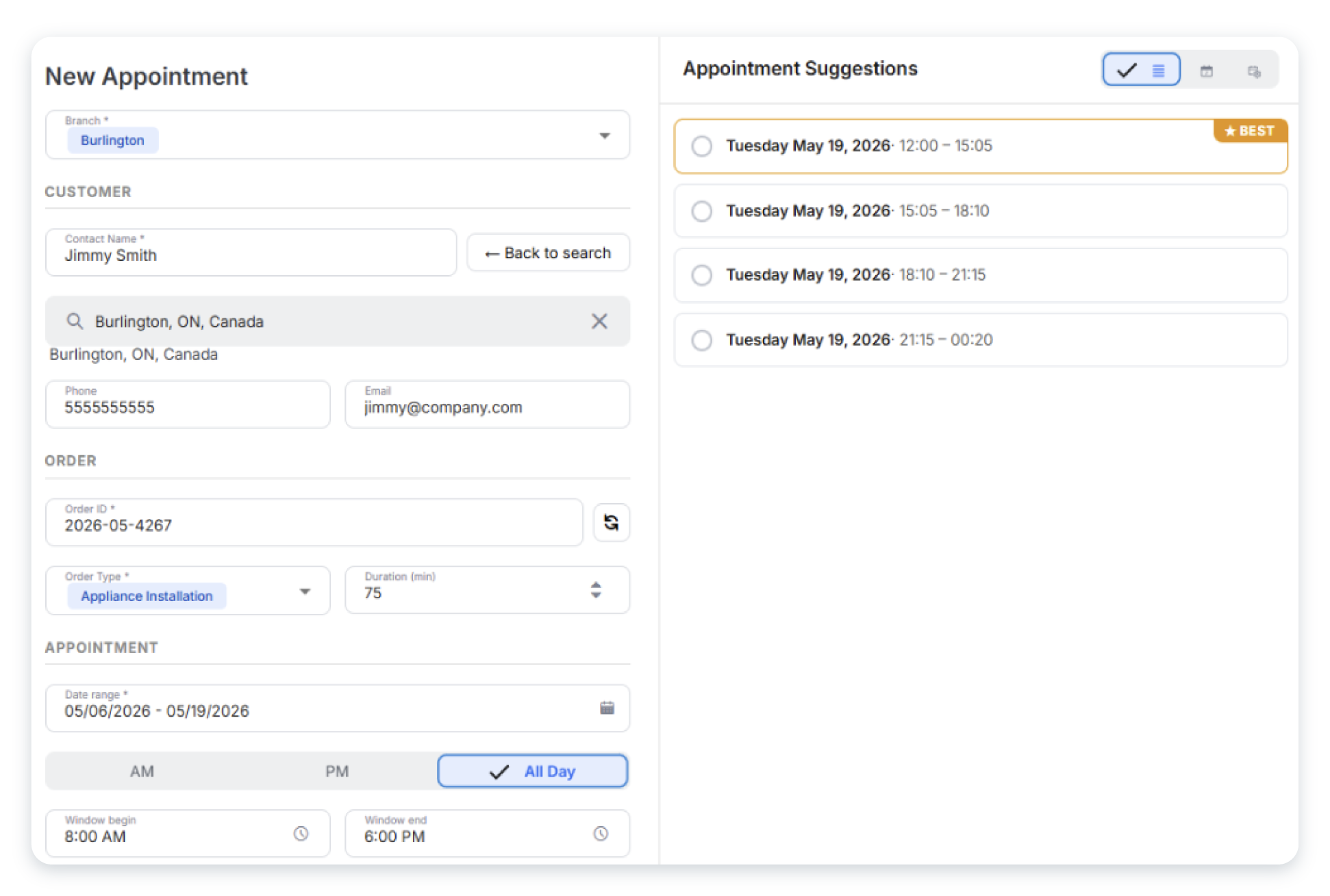 Geotab Routing & Optimization new appointment screen showing ranked appointment suggestions for a customer booking.