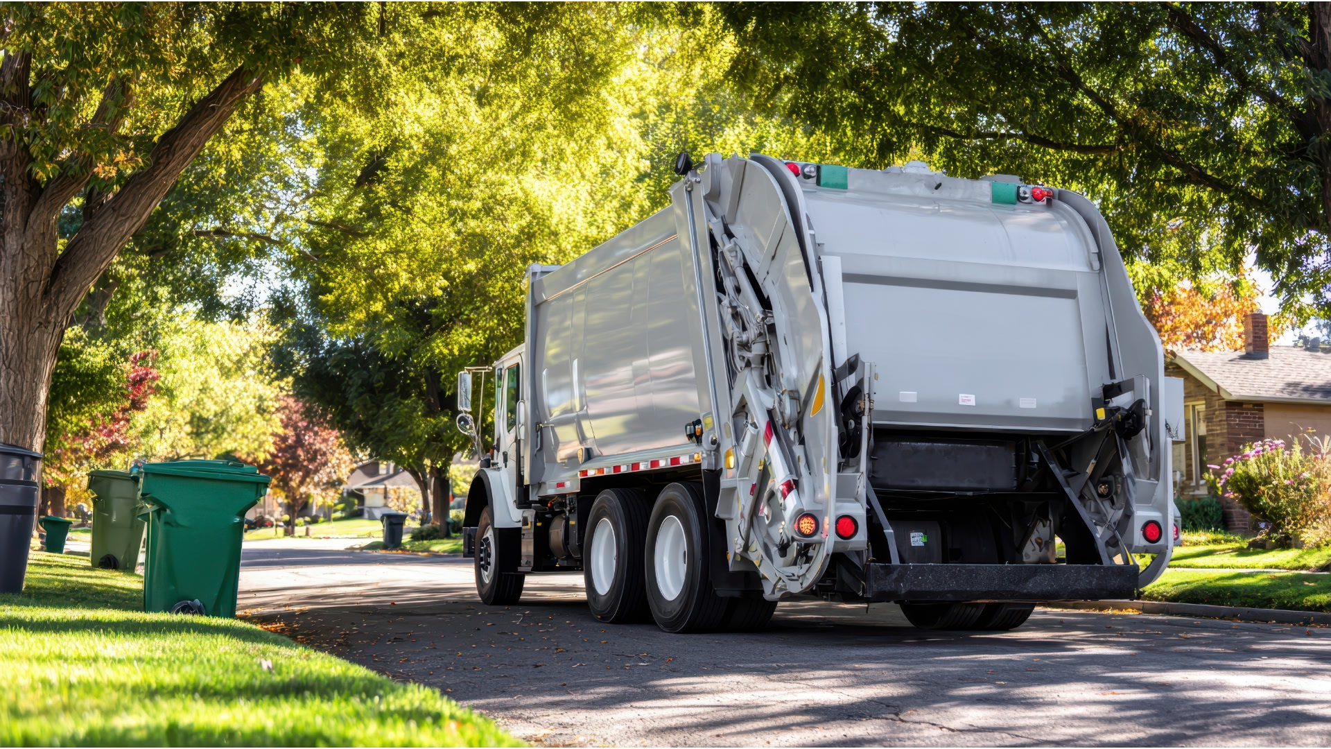Garbage truck collecting curbside bins on a residential street
