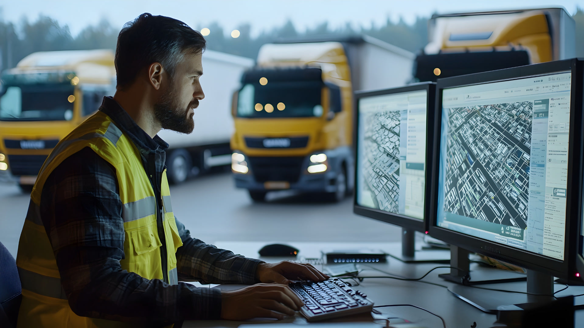 Fleet manager reviewing connected truck data on an AI-powered fleet platform dashboard