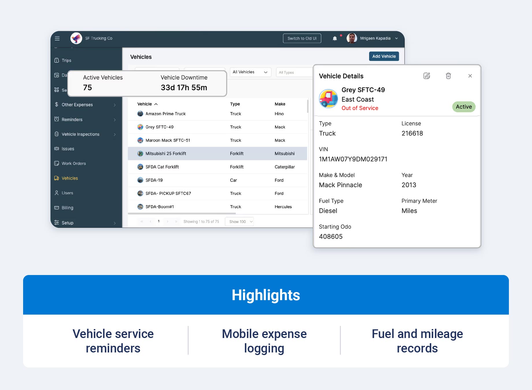 Simply Fleet dashboard displaying vehicle service reminders, mileage records and operating expenses.