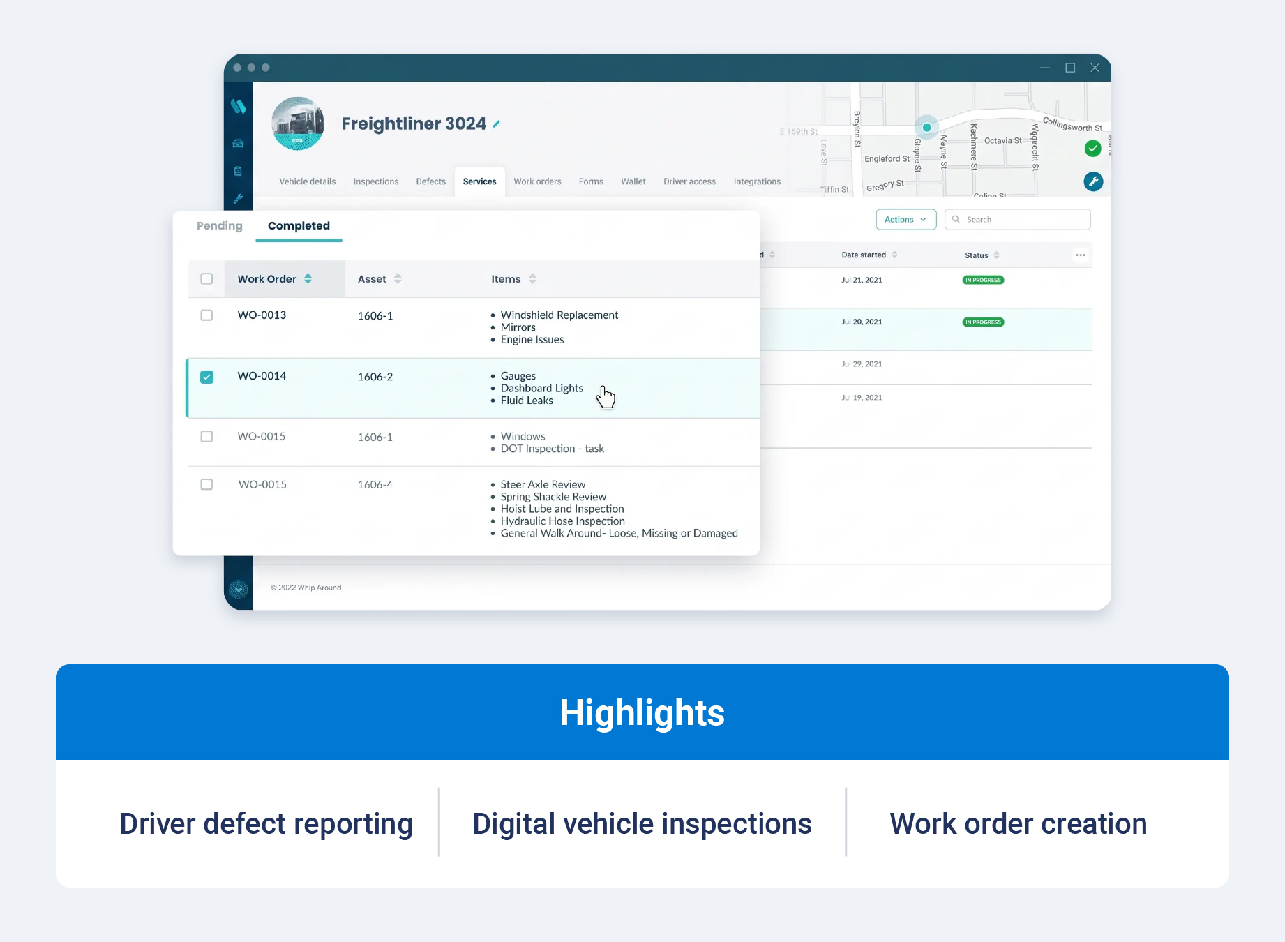 Whip Around fleet maintenance platform displaying digital inspections, reported defects and work orders.