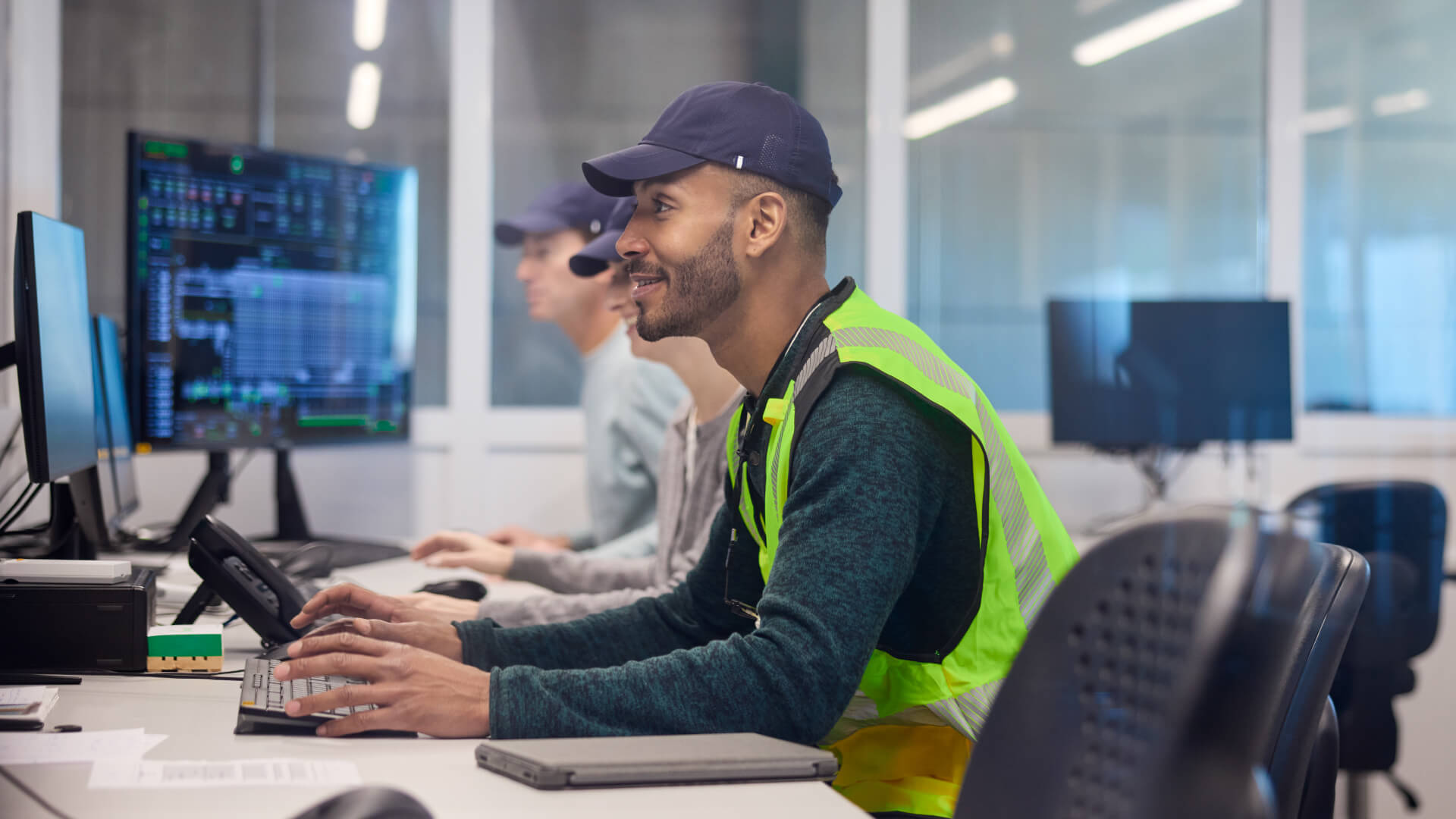 Fleet safety manager in a hi-vis vest monitoring telematics dashboards at a control room workstation