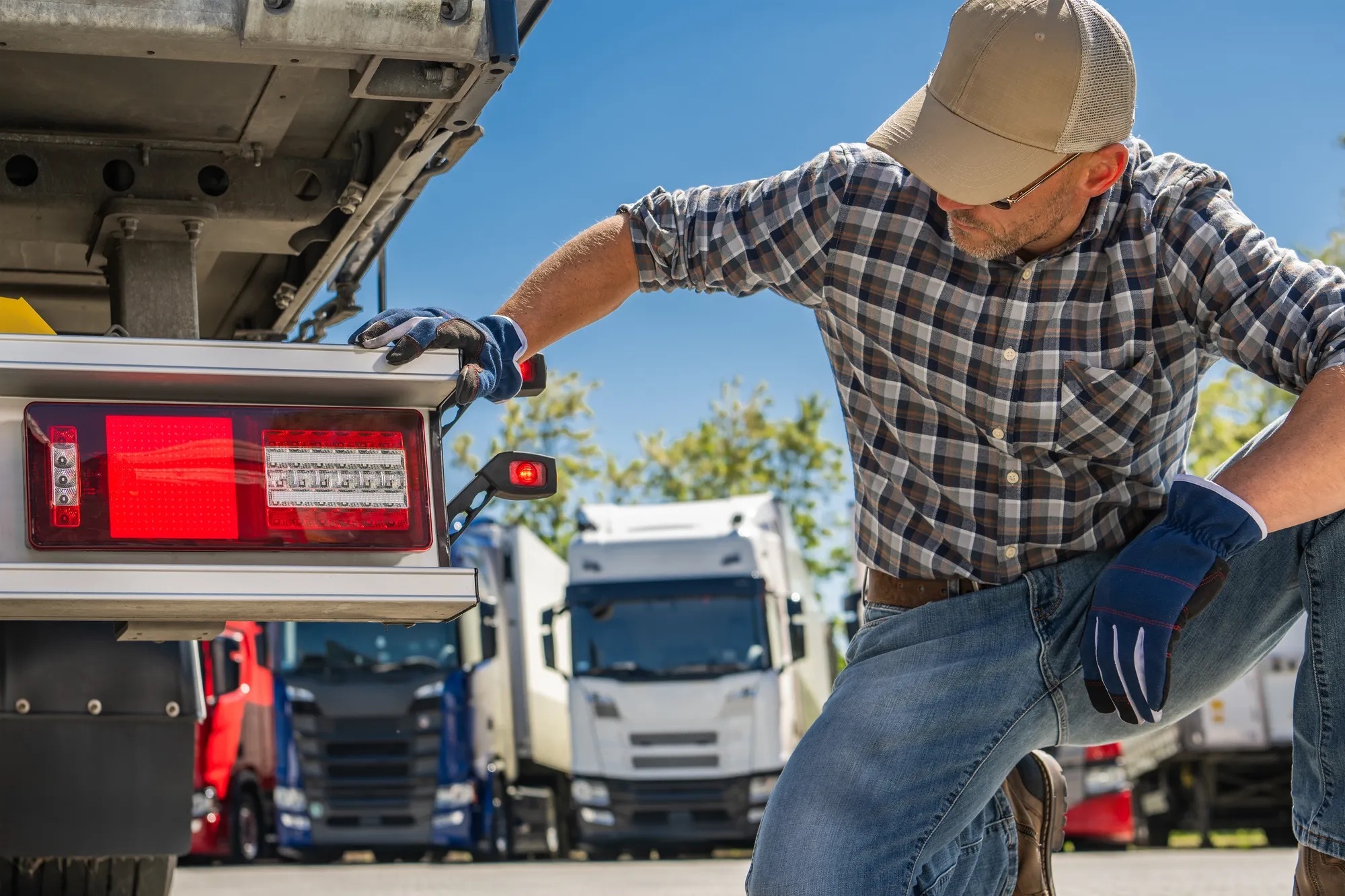 A utility fleet technician inspecting a truck's rear lights in a depot before storm season