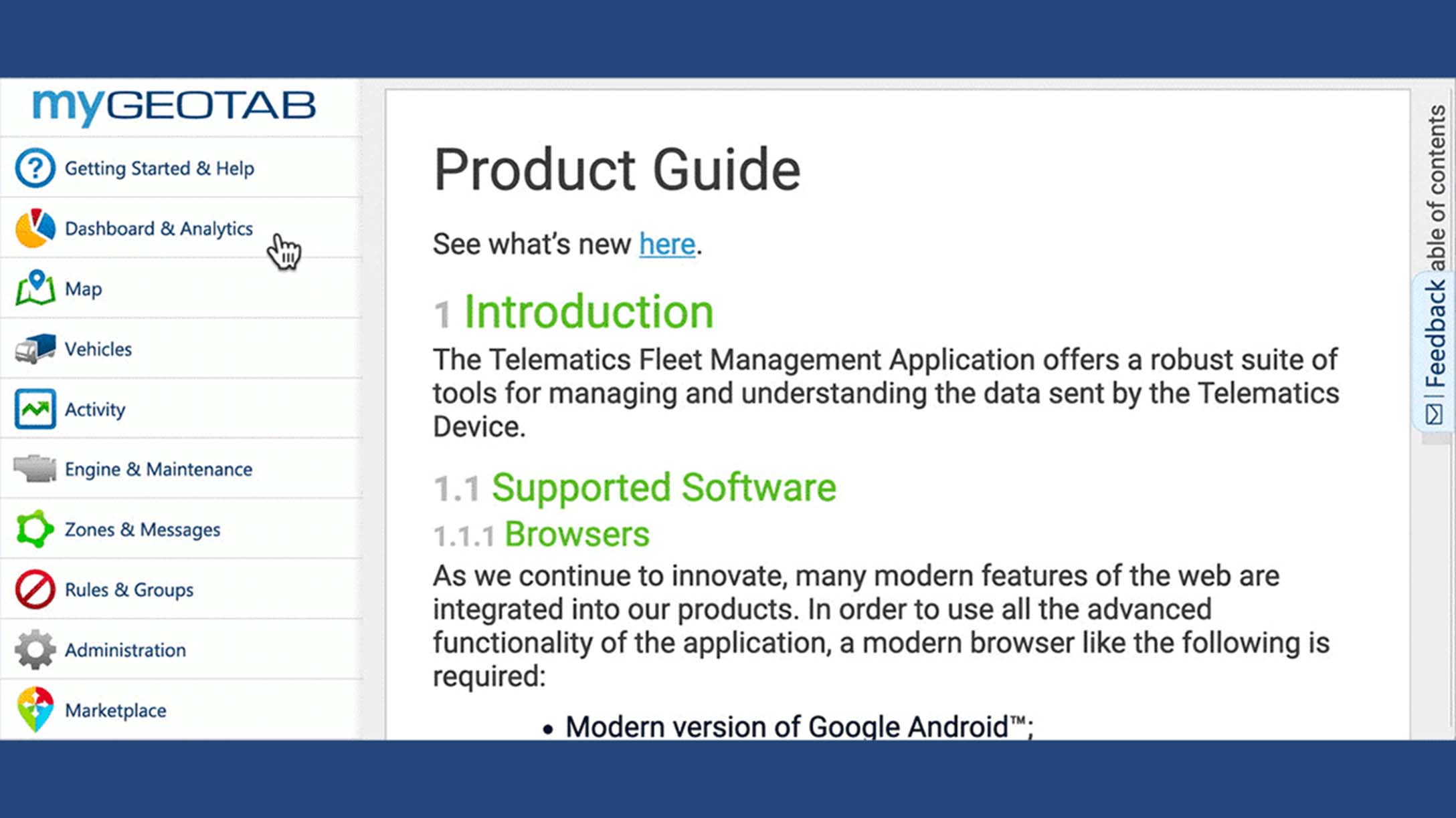 GIF of a user navigating the MyGeotab product guide