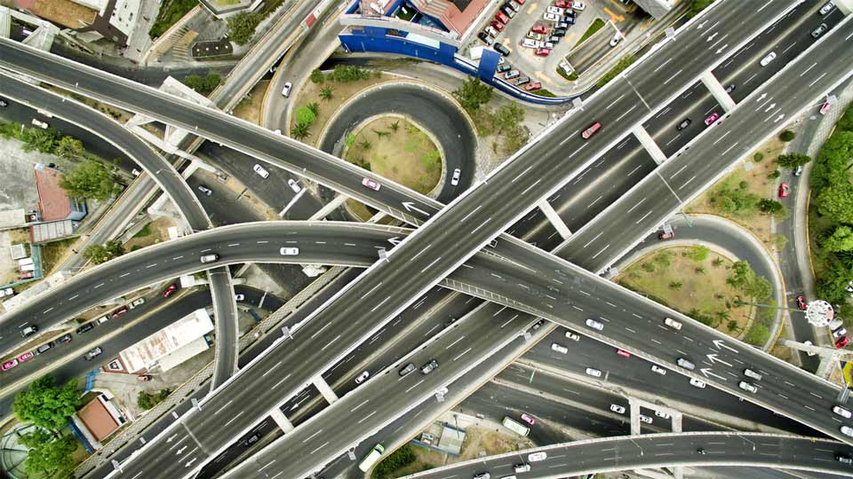 Aerial view of vehicles driving on a highway