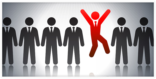 Employee figures standing in a line with a red figure jumping in the air