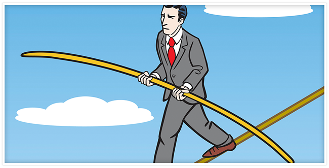 Male in a suit walking a tight rope with a balancing stick