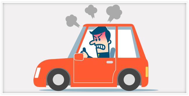 Orange car with an angry man sitting inside with steam coming from his head