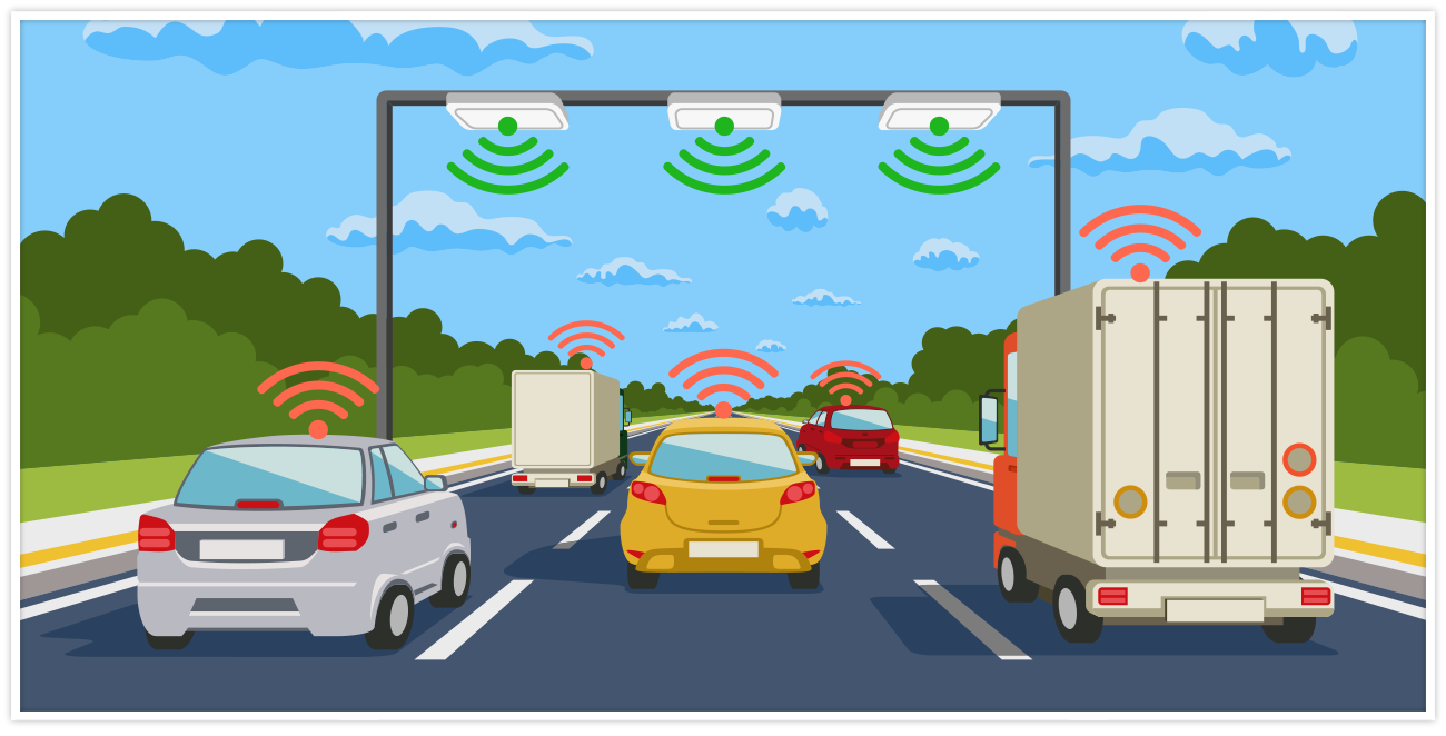 Cartoon of vehicles in traffic with connectivity signals coming from them