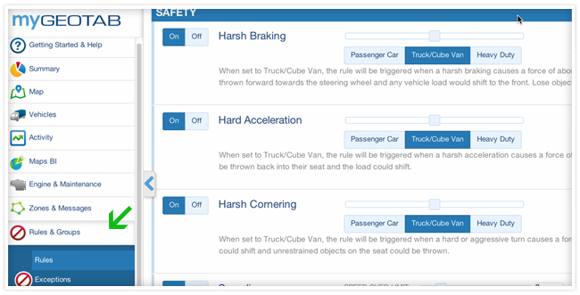 Screenshot of MyGeotab screen with the rules section open and a green arrow pointing to the word "rules"