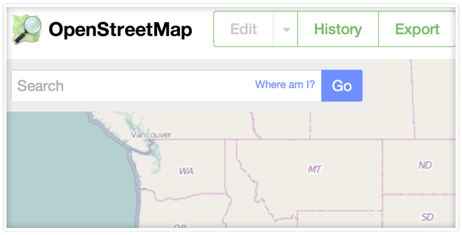 "OpenStreetMap" next to edit, history and export buttons and a search bar below and a map in the background.